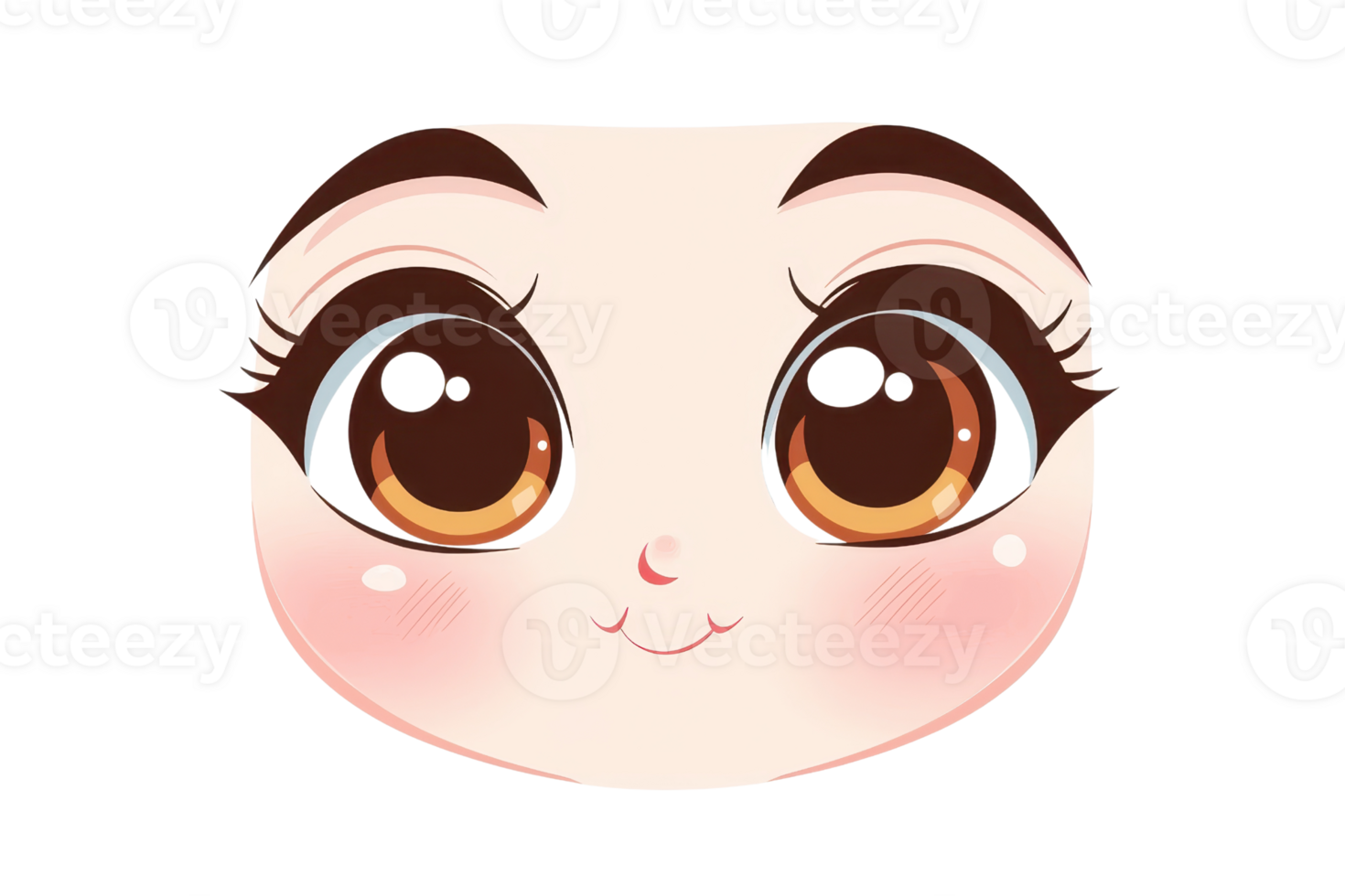 Cute cartoon anime face with large eyes and subtle blush. Perfect for character design, children's media, or playful illustrations. png