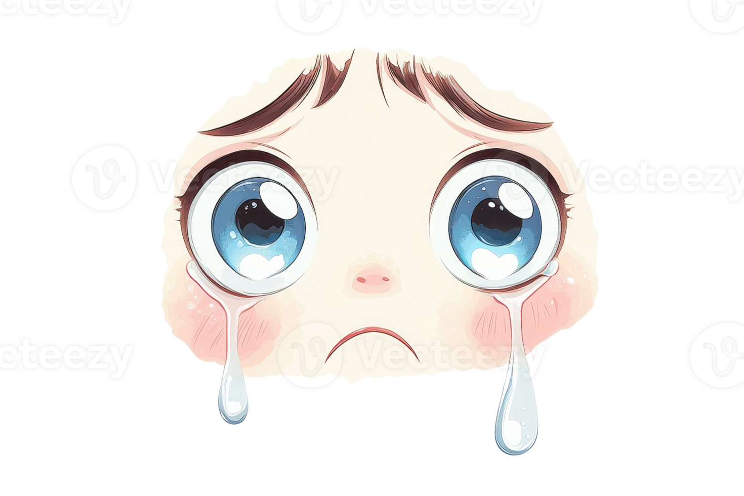 Cute cartoon face with large teary eyes, expressing emotion and sadness. Perfect for illustrating feelings in digital media. png
