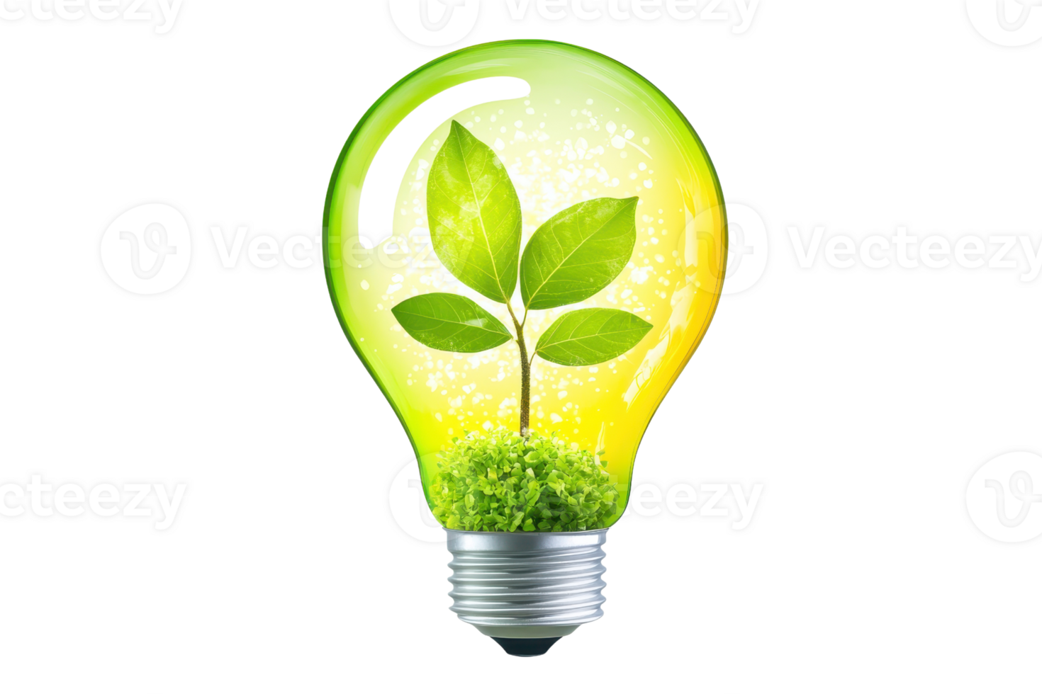 Eco-friendly concept illustration of a light bulb with a green plant inside, symbolizing sustainable energy and environmental innovation. png