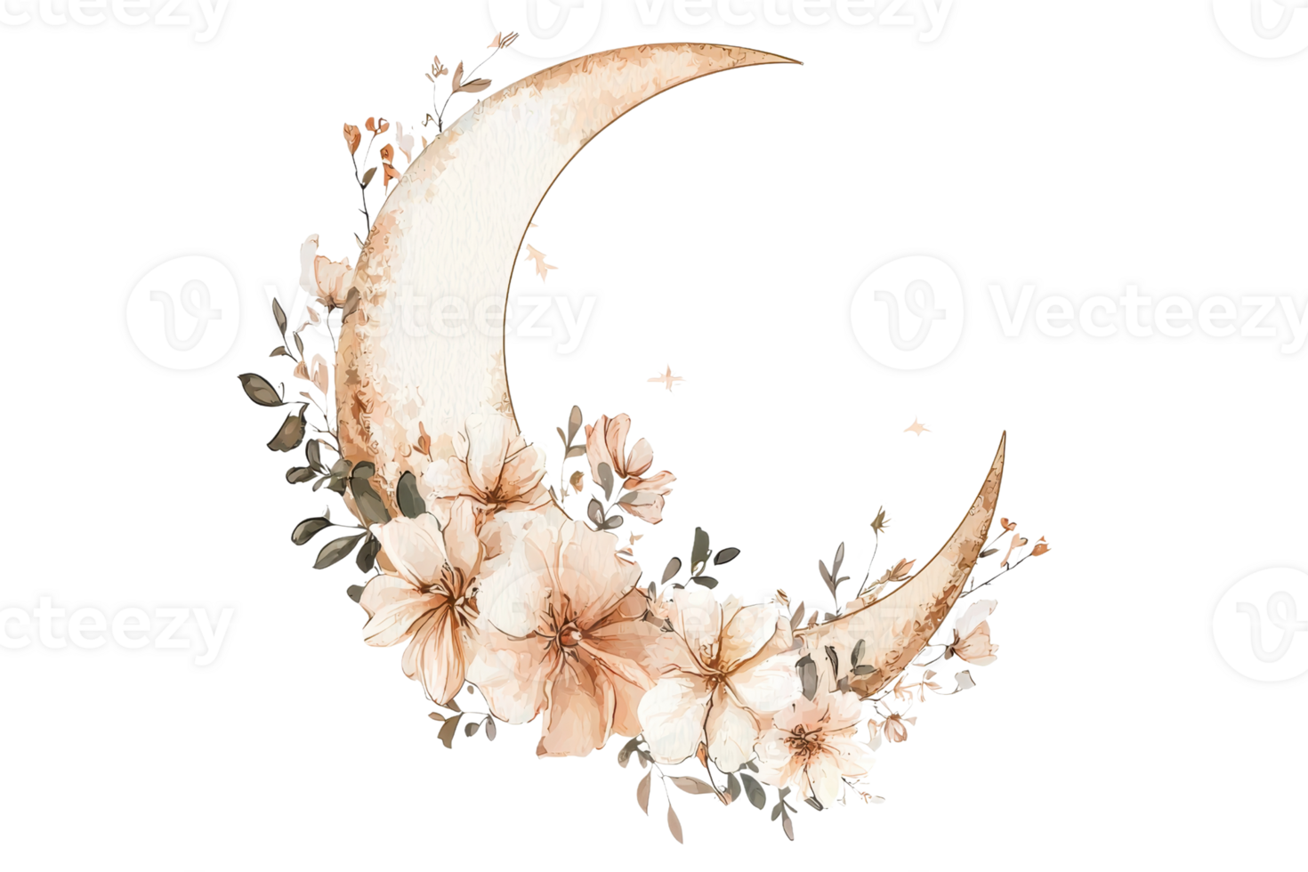 Elegant crescent moon adorned with delicate blooming flowers, creating a serene and enchanting visual for artistic and decorative use. png