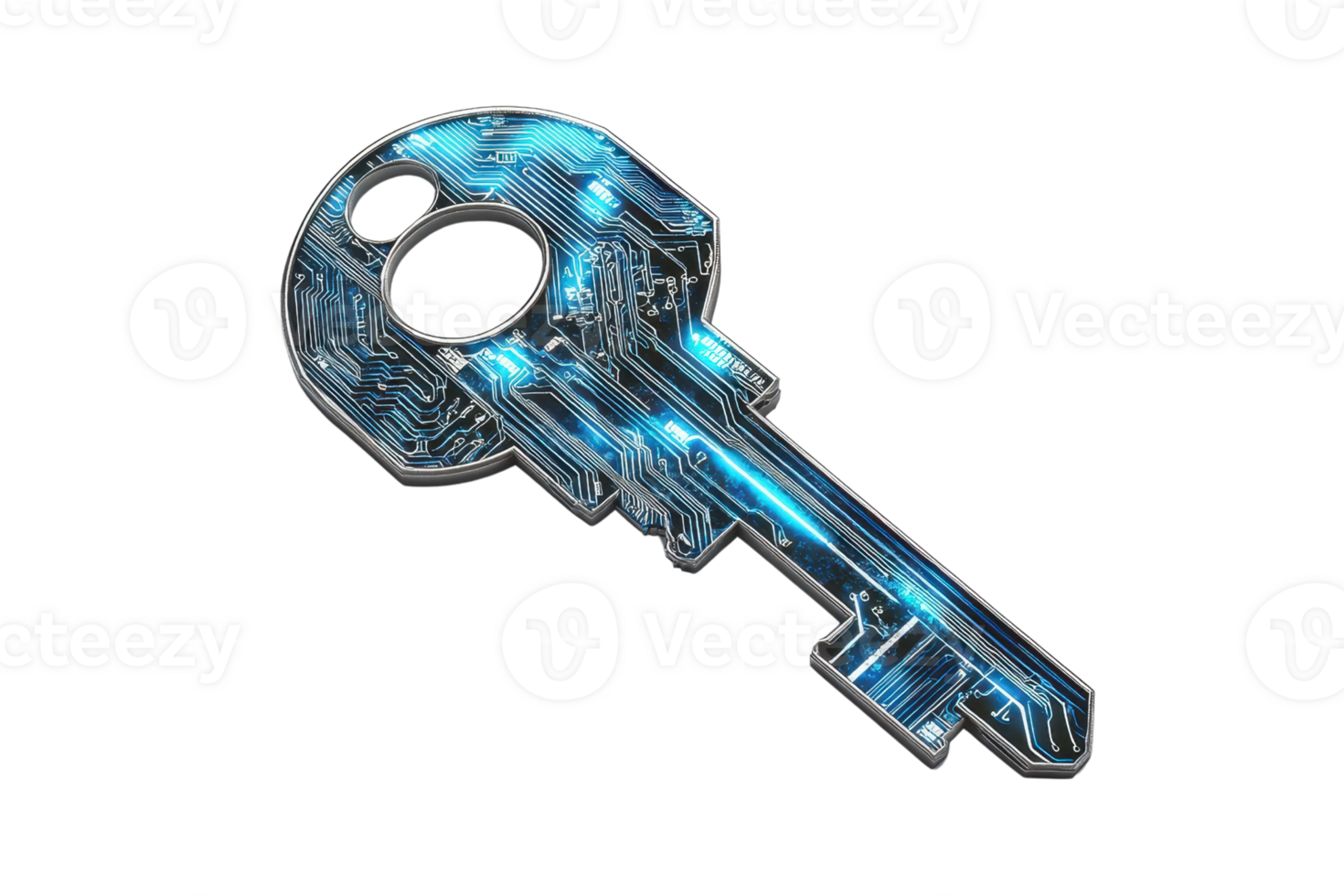Digital key with a futuristic design, featuring circuit patterns and glowing blue accents, symbolizing security and technology. png