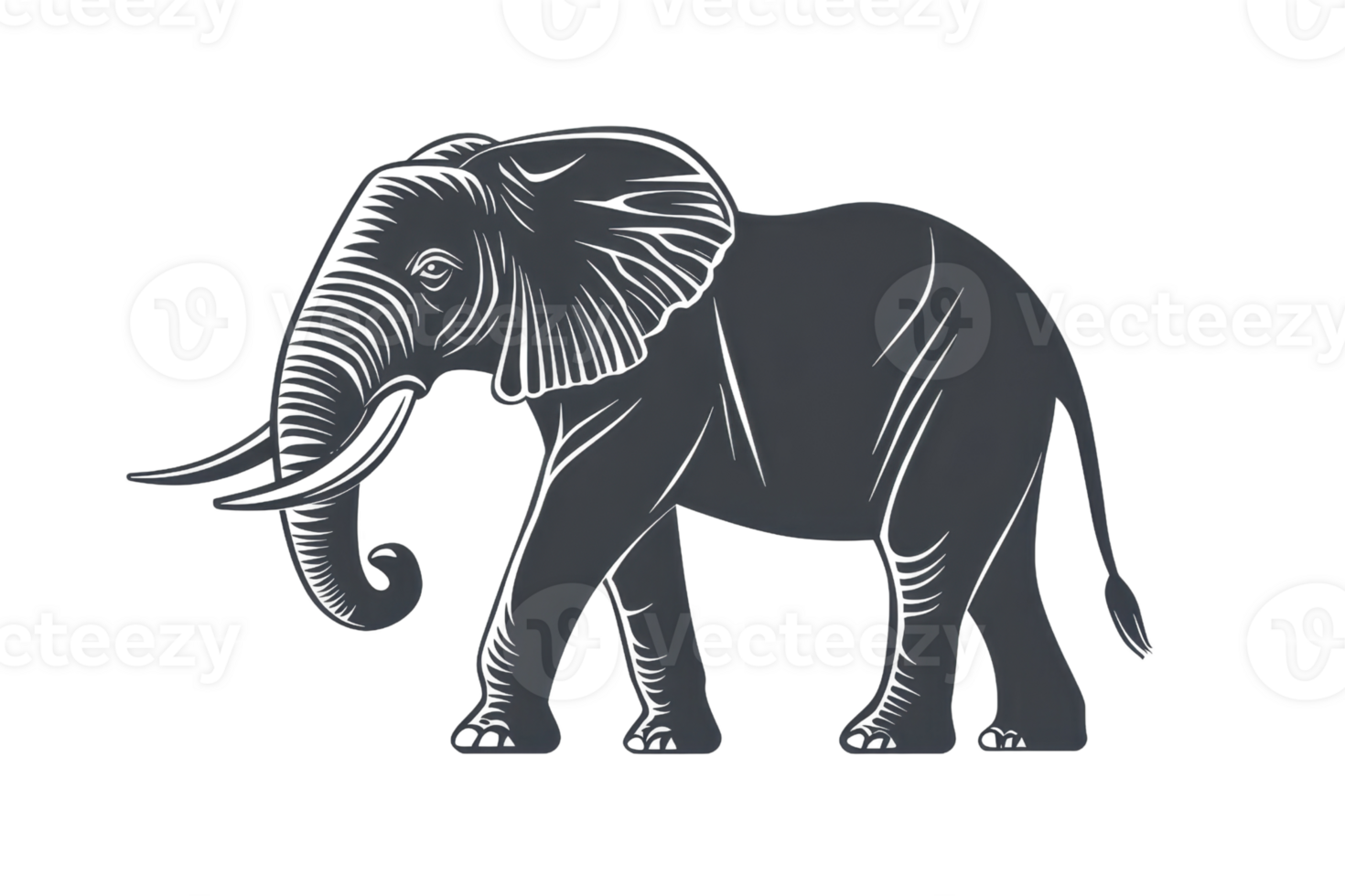 Detailed silhouette illustration of an elephant, highlighting its majestic trunk and large ears, perfect for wildlife-themed designs. png