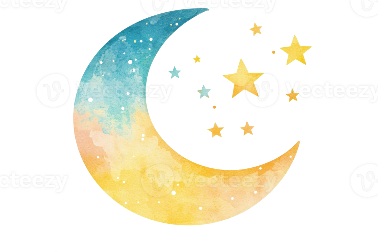 Colorful watercolor crescent moon and stars illustration, perfect for dreamy, celestial-themed designs and creative art projects. png