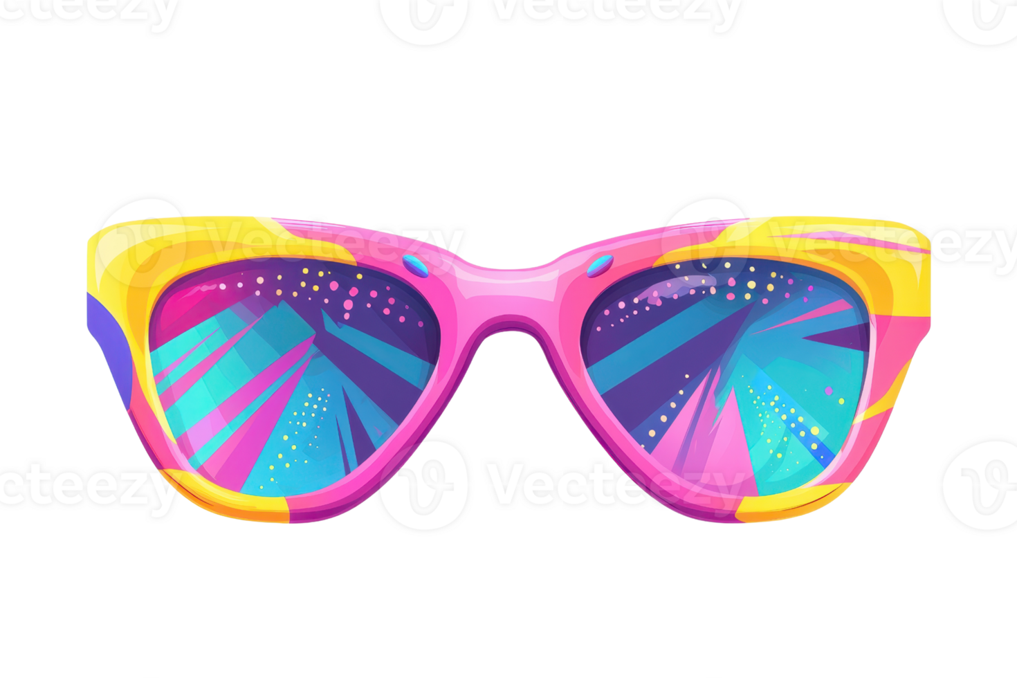Colorful, retro-style sunglasses with vibrant patterns and reflections, perfect for summer fashion and adding a pop of color to any look. png
