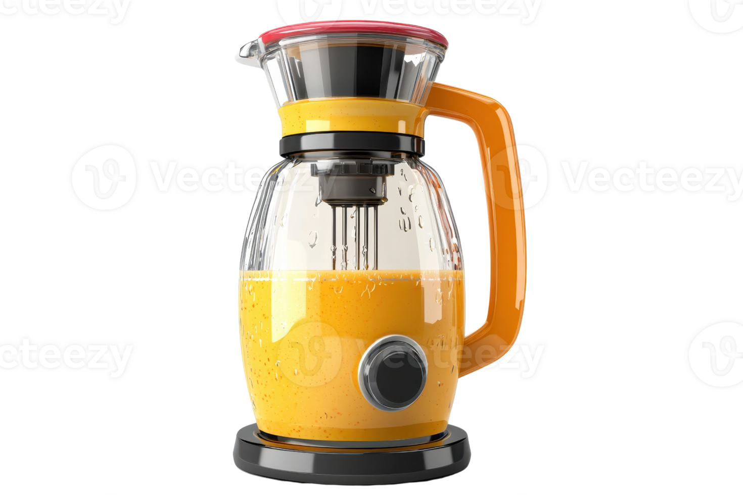 Electric juicer with orange juice, featuring a transparent container, an ergonomic handle, and a modern design on a transparent background. png