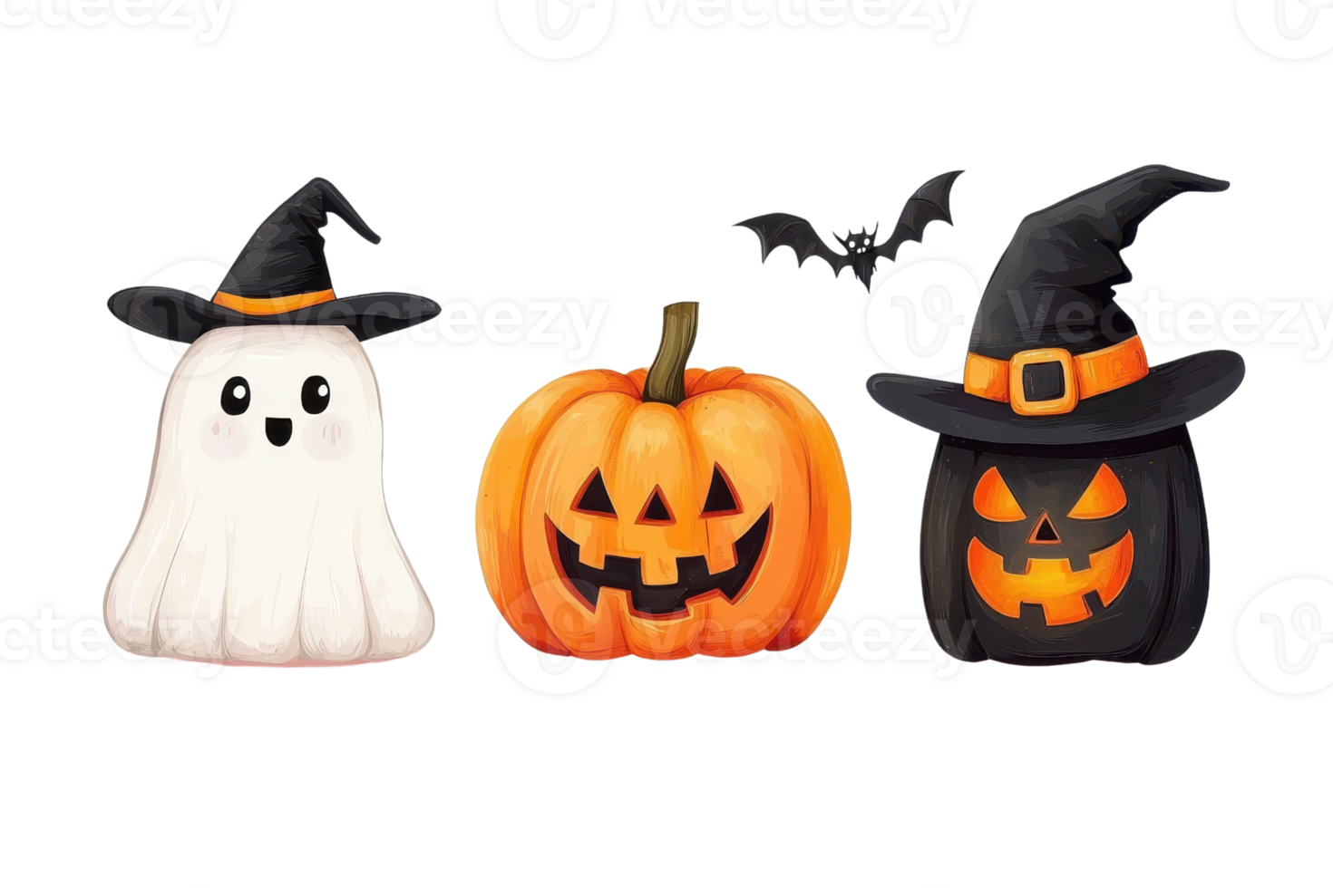 Cute Halloween ghost and pumpkins with witch hats and a bat. Perfect for festive decorations and spooky celebrations. png