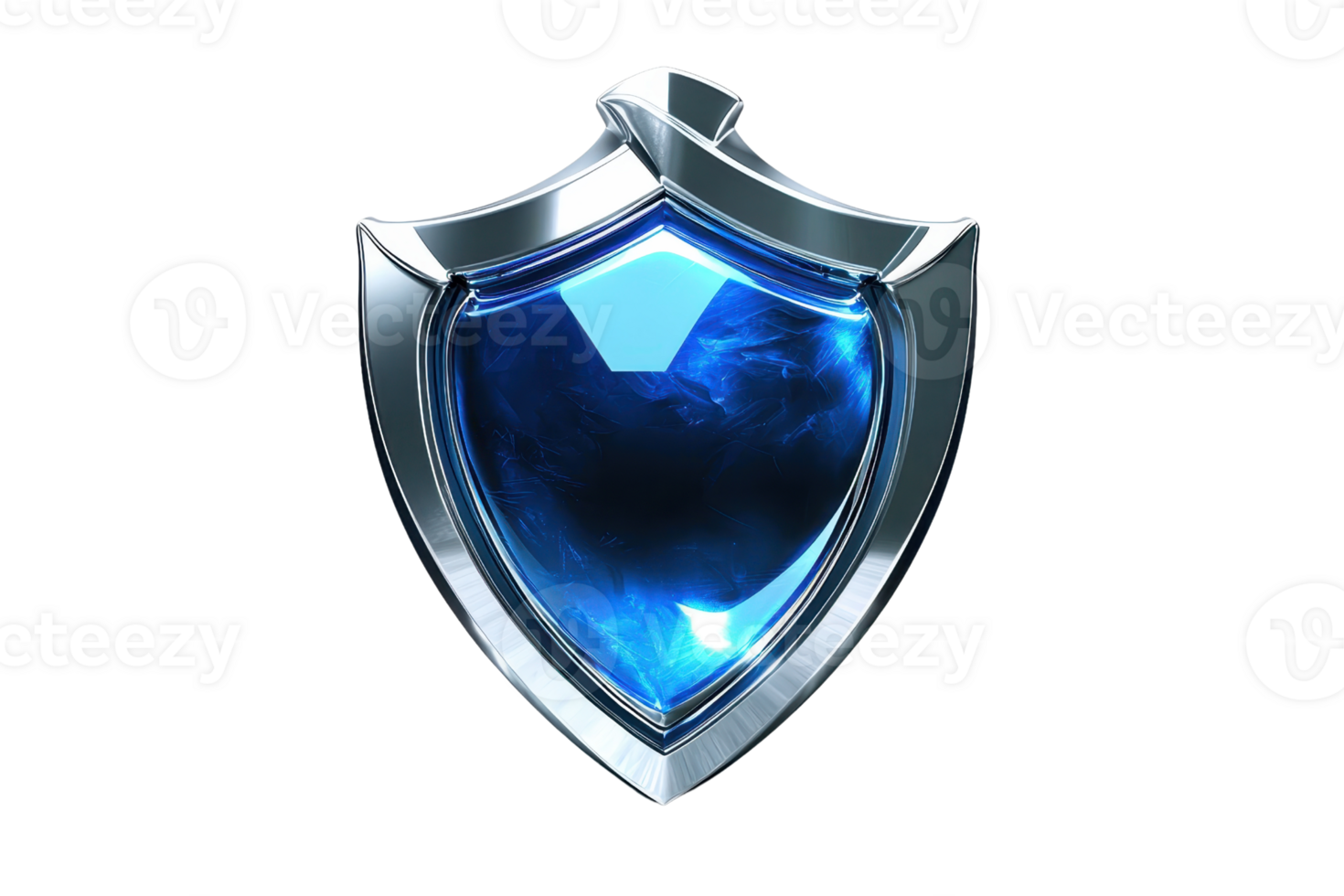 Digital illustration of a glossy blue shield with metallic edges representing security, protection, and defense on a transparent background. png