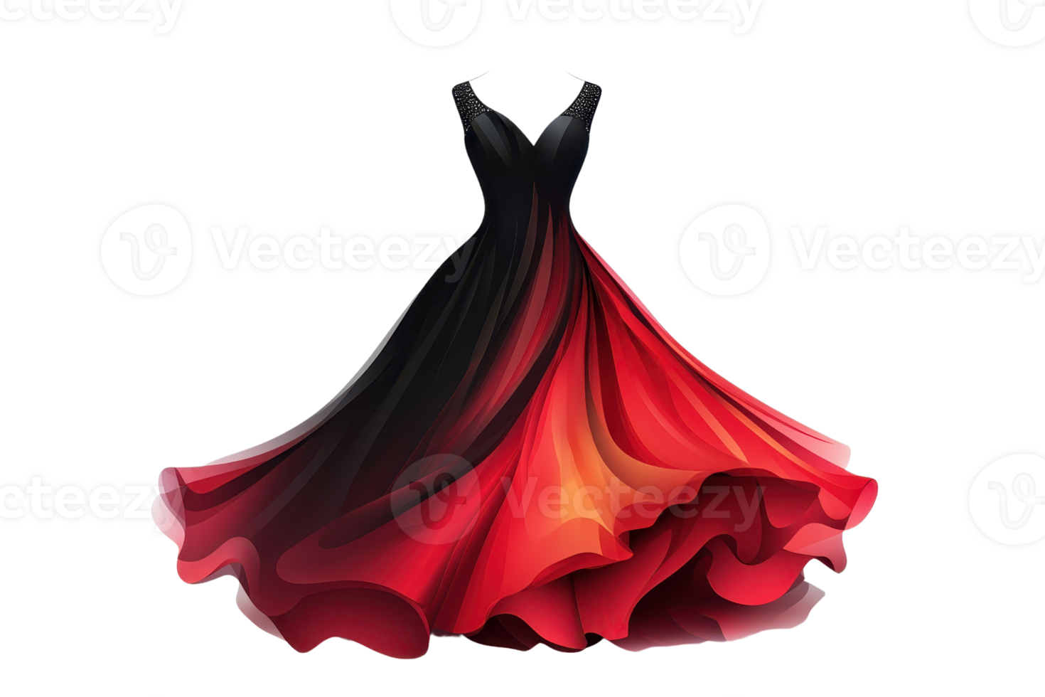 Elegant flowing red and black gradient evening gown, perfect for formal events. Luxurious design with vibrant colors and delicate fabric details. png