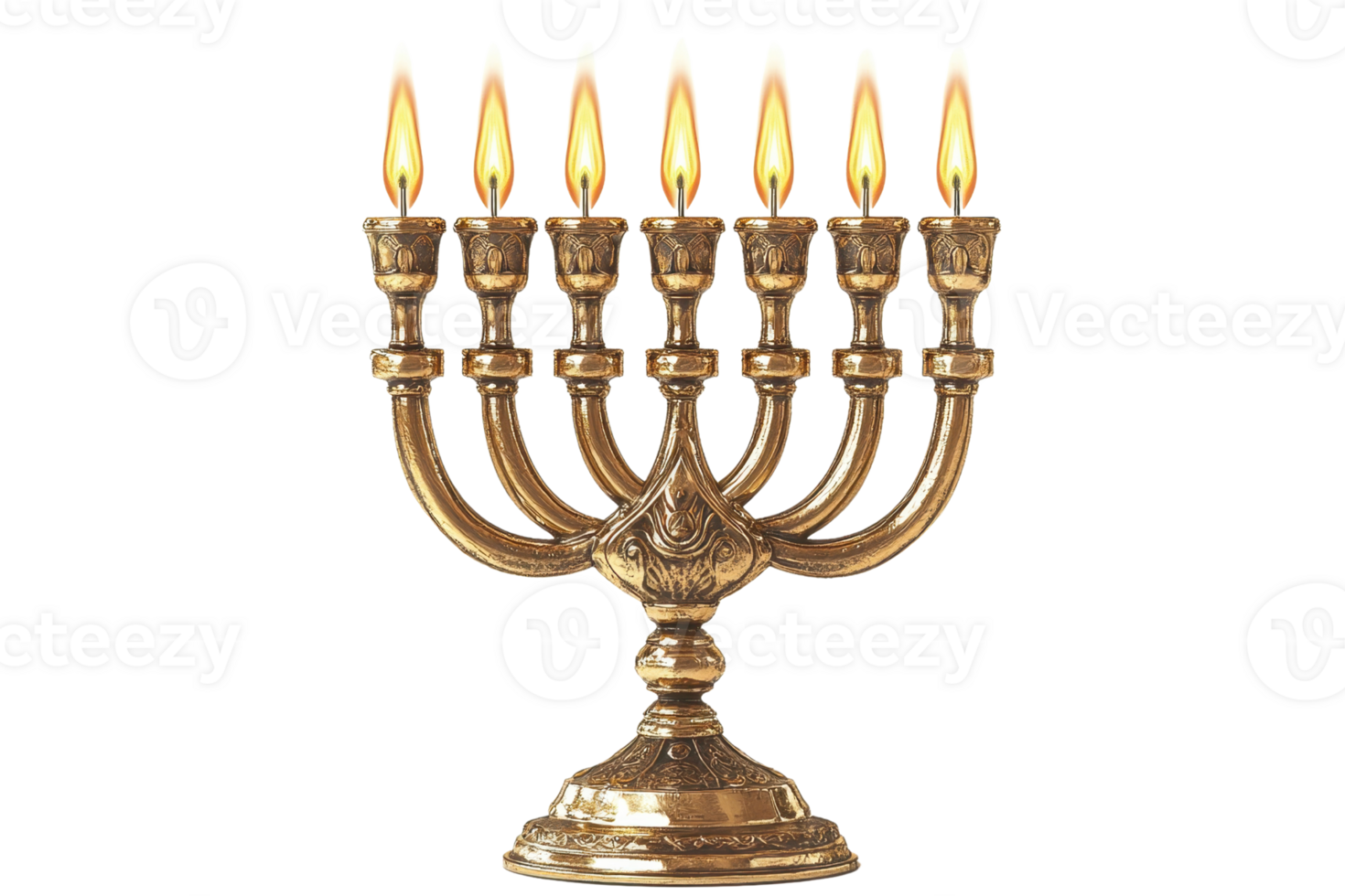 Elegant bronze menorah with nine lit candles, symbolizing the Hanukkah celebration, isolated on transparent background. png