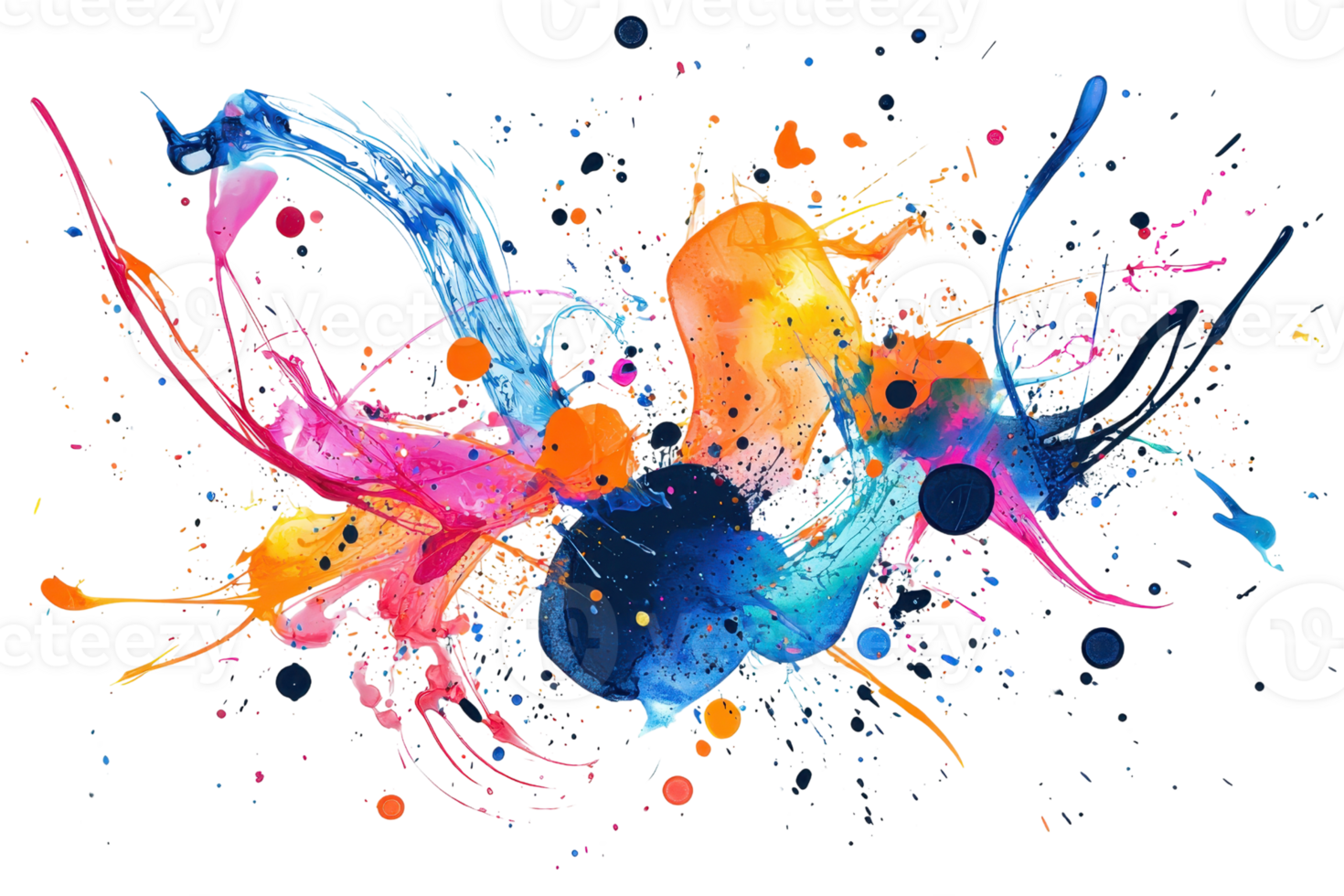 Dynamic splashes of vibrant colors create an abstract art piece, showcasing high energy and creativity in a burst of paint. png