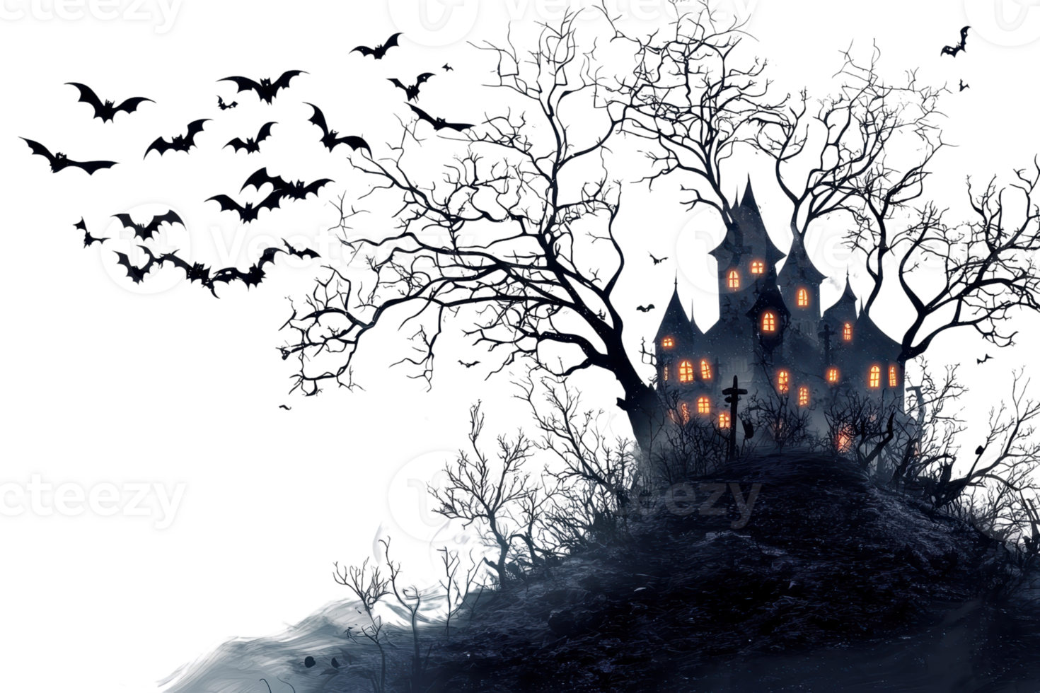 Eerie, spooky haunted house on a hill with glowing windows, surrounded by dark twisted trees and flying bats at night. png