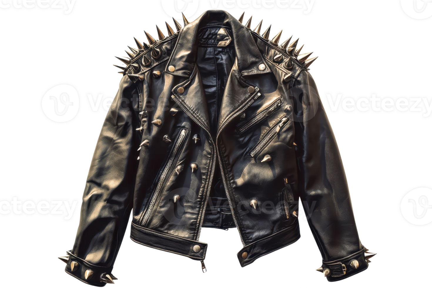 Edgy black leather jacket with metal spikes, perfect for punk or rock style fashion, showcasing unique design and rebellious flair. png