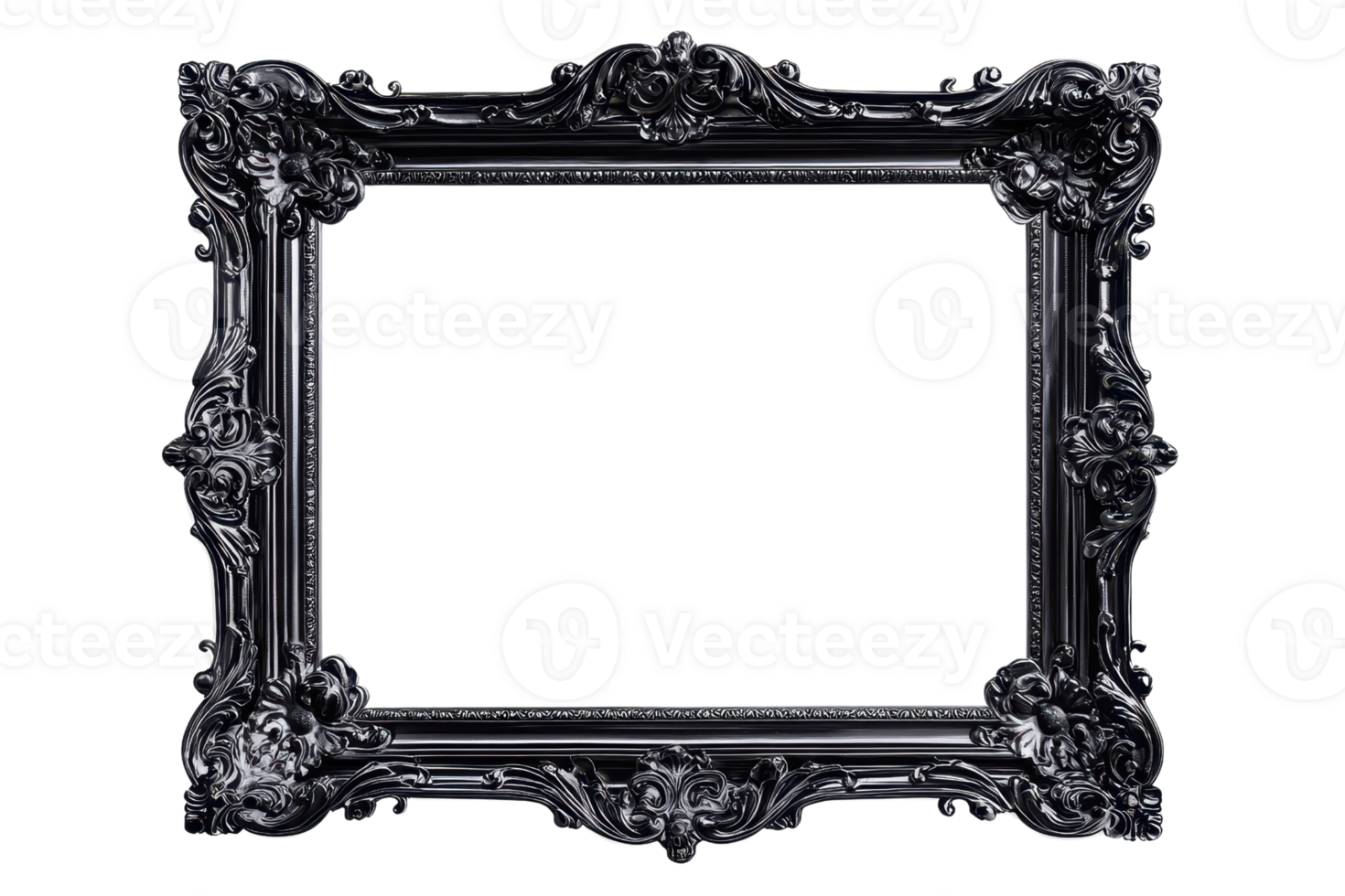 Elegant baroque-style black picture frame with intricate details, showcasing vintage charm and artistic sophistication against a transparent background. png