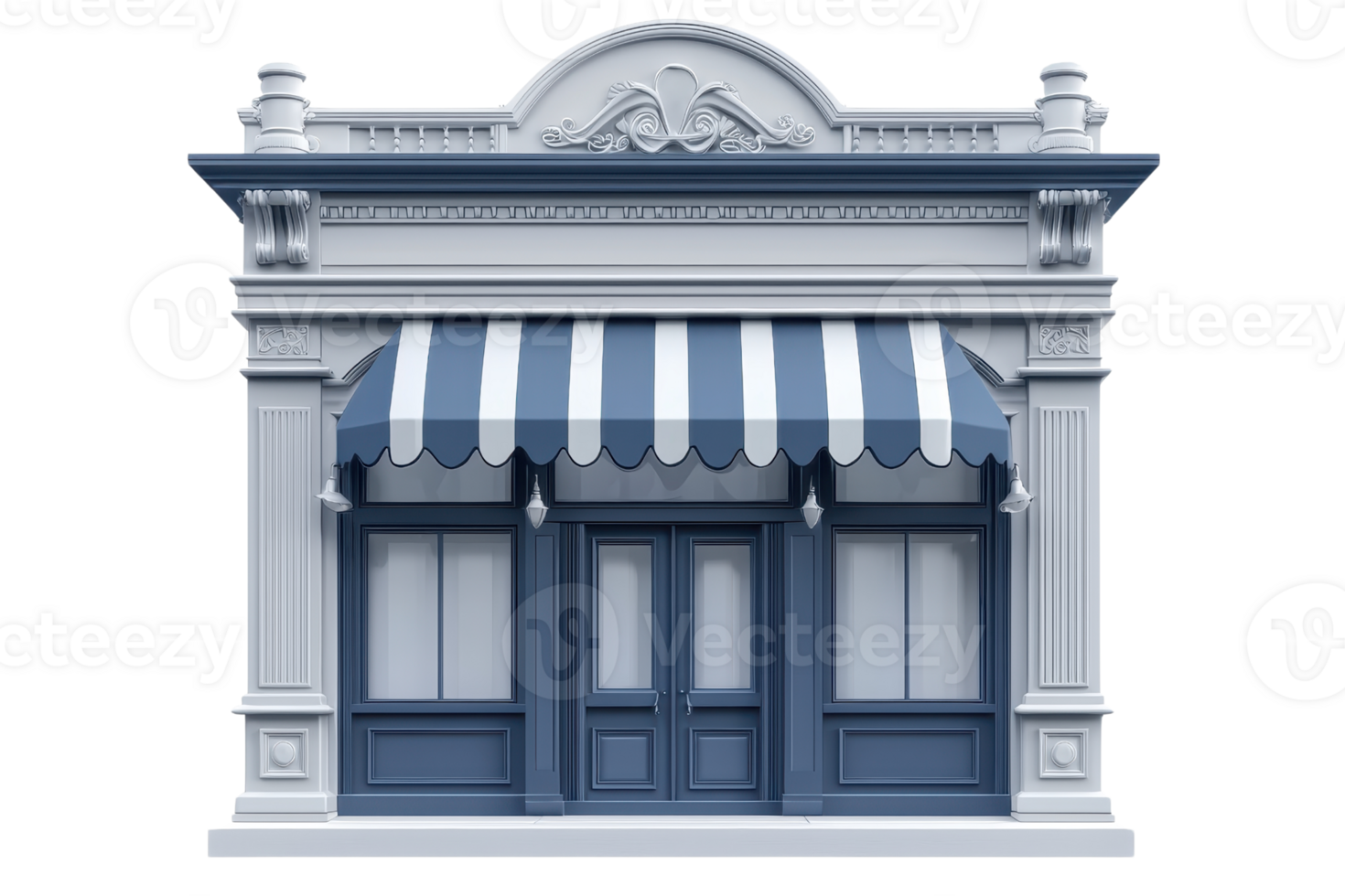 Elegant blue storefront facade with a striped awning. Classic architectural design, inviting entrance for a charming retail shop or cafe. png