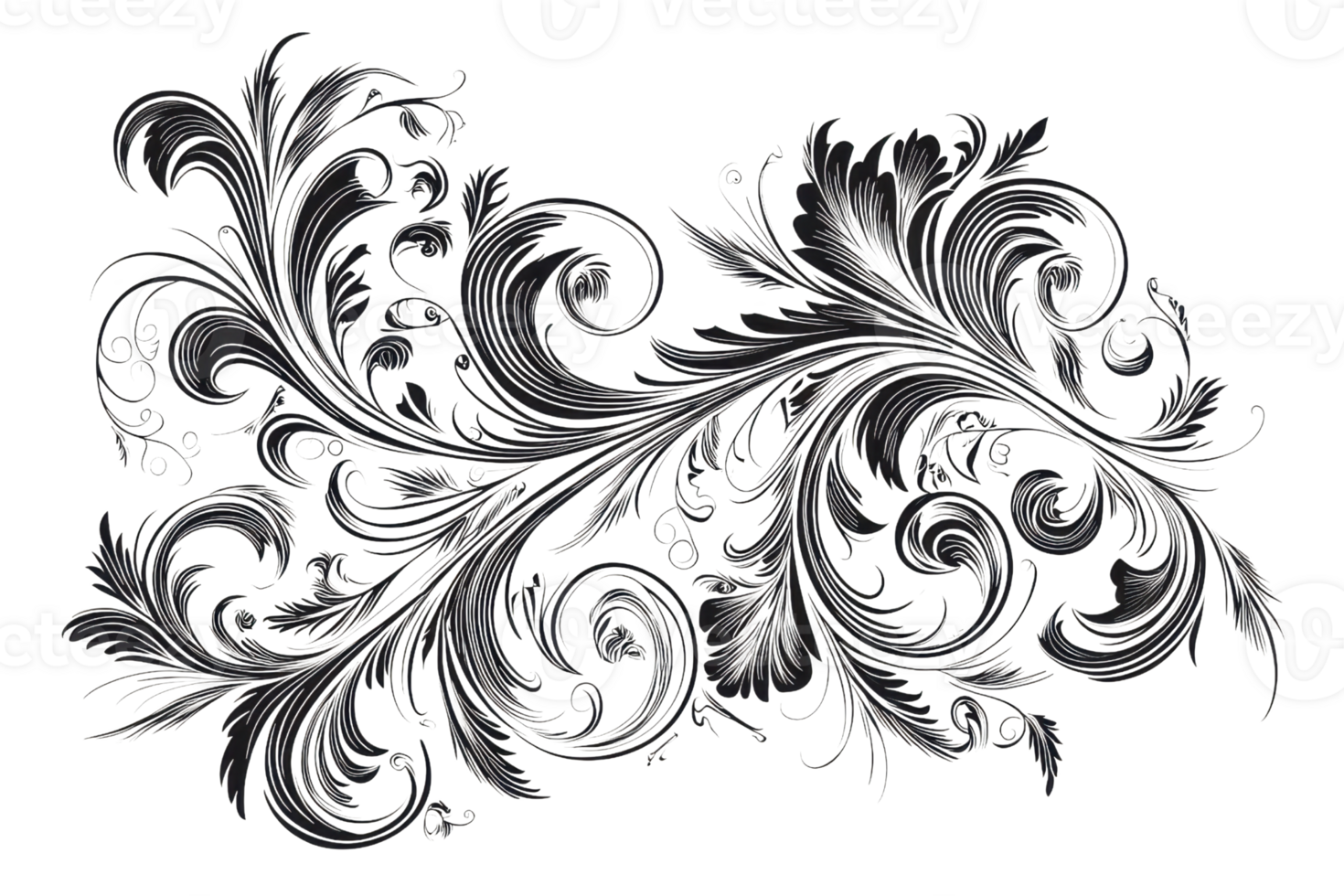 Elegant black floral ornamental decoration on transparent background, intricate swirling pattern for design and art projects. png