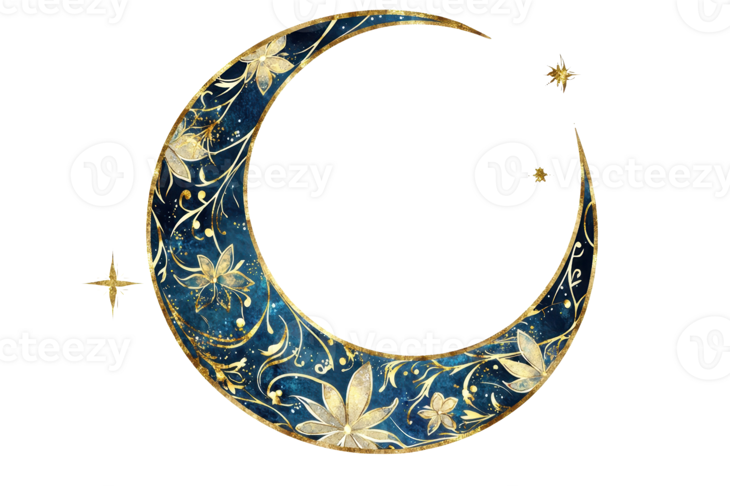 Elegant crescent moon with golden floral patterns against a deep blue backdrop, symbolizing night, tranquility, and celestial beauty. png