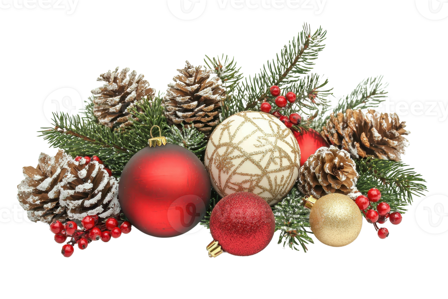 Elegant Christmas decoration with pinecones, baubles, and berries, perfect for holiday displays and festive arrangements. png