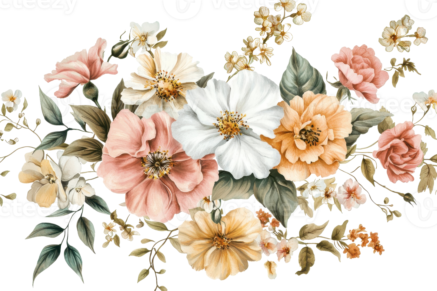 Elegant floral arrangement with pastel flowers, lush greenery, and delicate leaves, perfect for decor, invitations or backgrounds. png