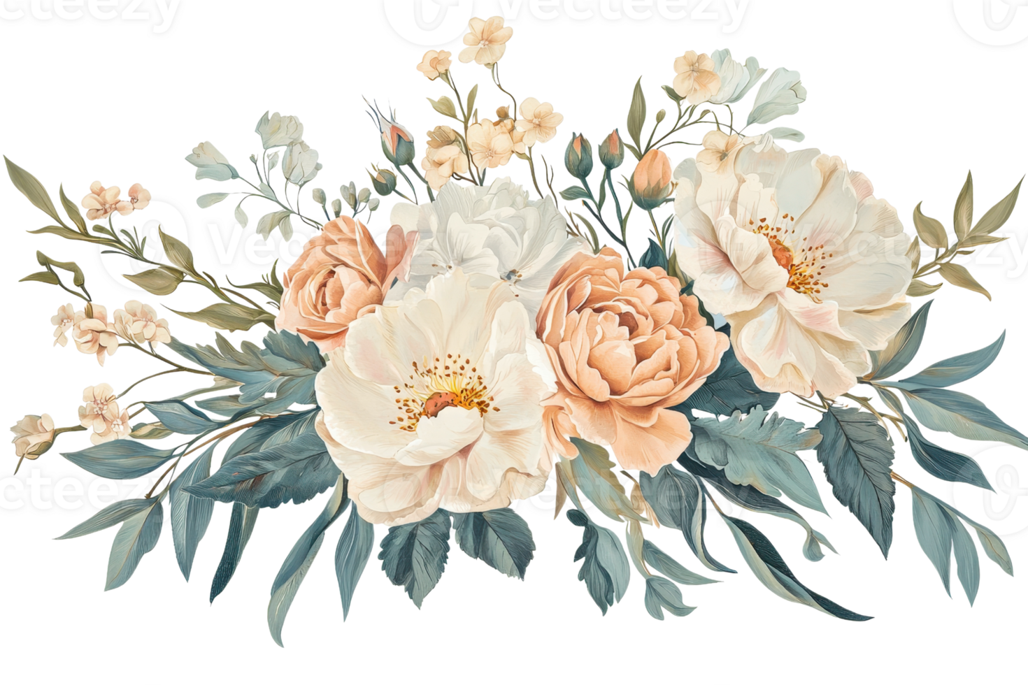 Elegant floral arrangement with soft pastel roses and white flowers, surrounded by delicate greenery, perfect for decorative and design purposes. png