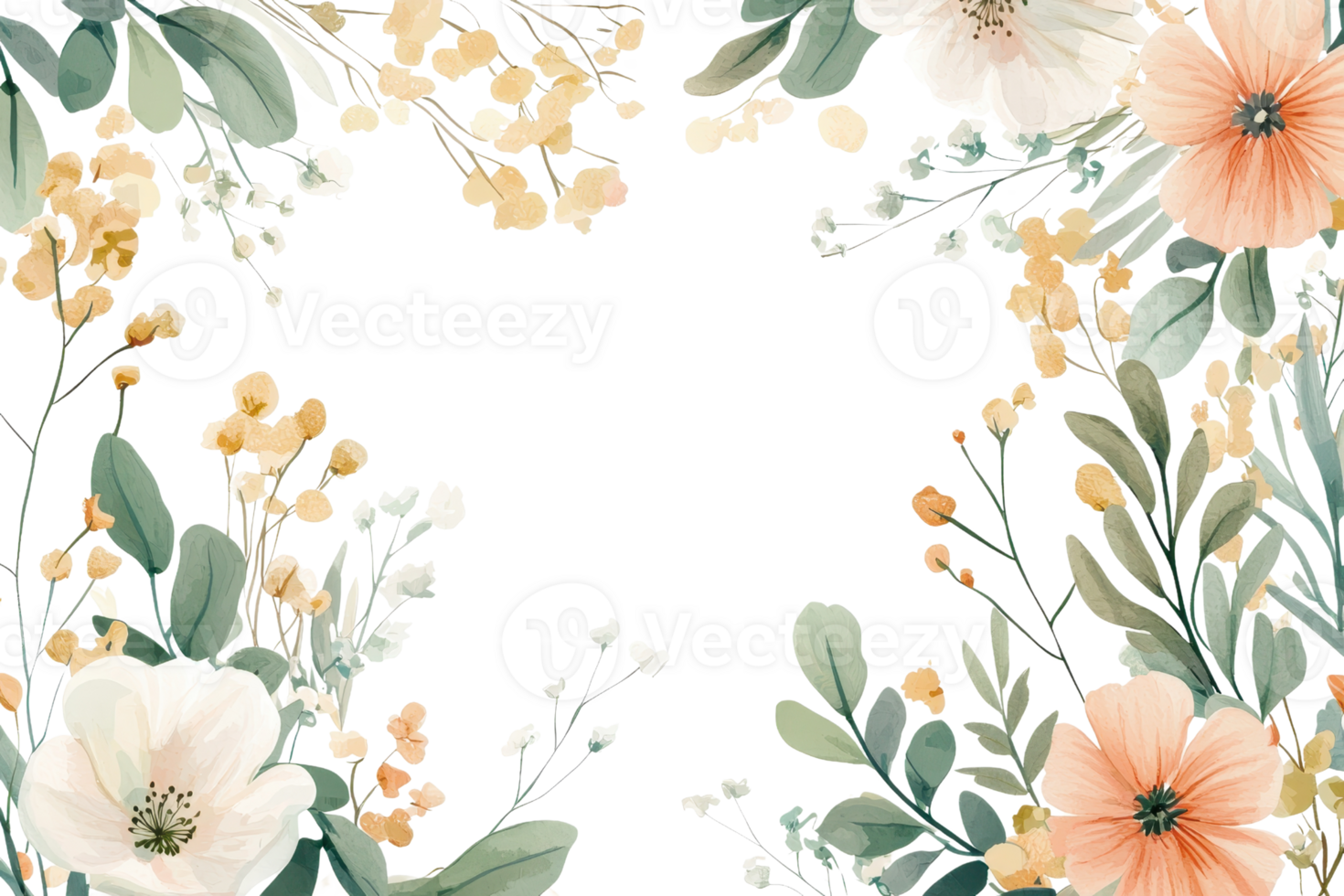 Elegant floral frame illustration with watercolor flowers and leaves, perfect for invitations and decorative designs. png