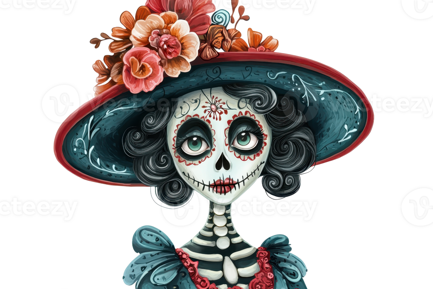 Elegant Day of the Dead skeleton adorned with flowers and a decorative hat, showcasing festive and traditional elements. png