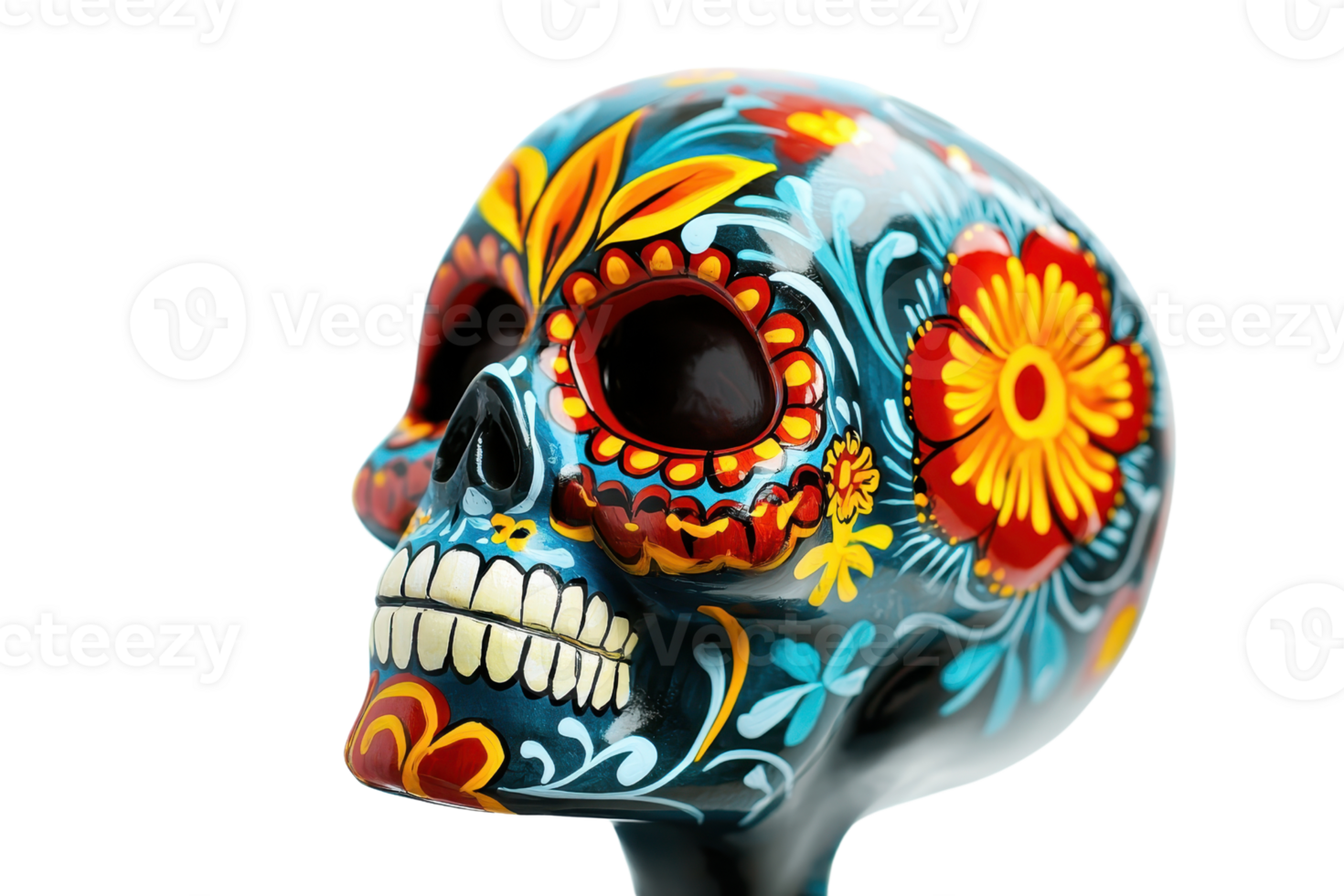 Colorful, intricately designed sugar skull representing Dia de los Muertos, Day of the Dead. Artistic, vibrant, with floral patterns. png