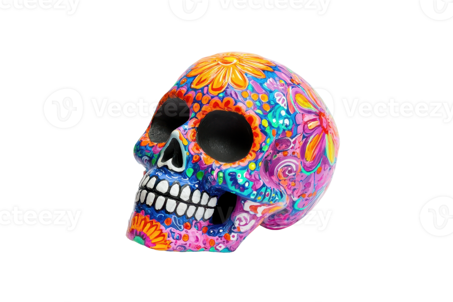 Colorful sugar skull with intricate floral patterns, perfect for Day of the Dead celebrations and artistic decorations. png