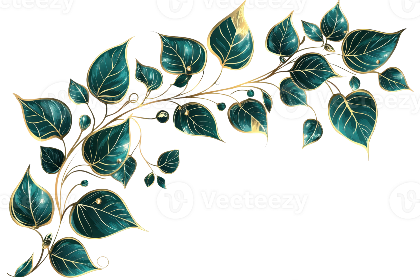 Elegant decorative branch with lush green leaves and golden accents, perfect for nature-inspired designs or stylish botanical illustrations. png
