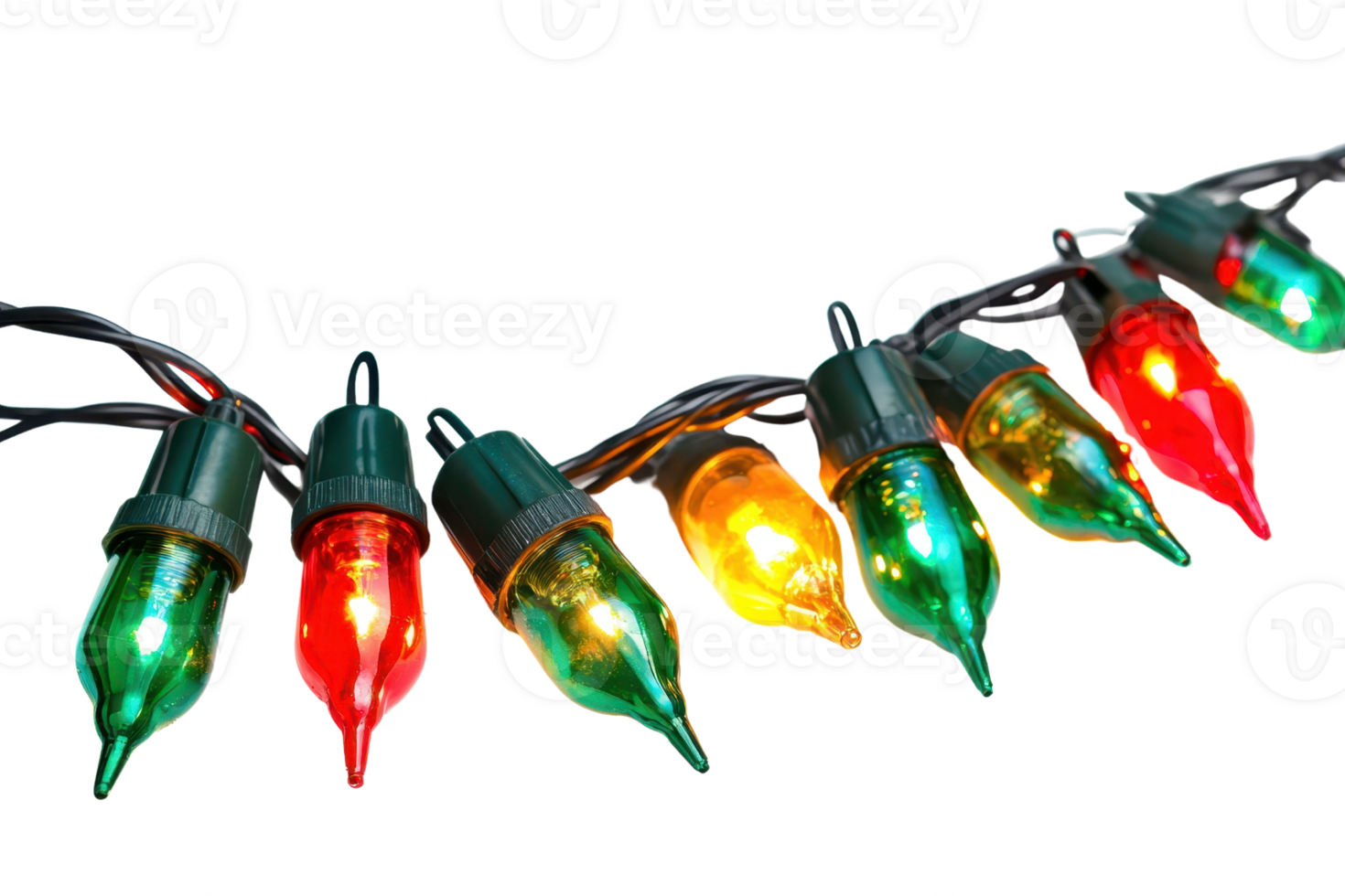 Colorful string of Christmas lights in red, green, and yellow glowing brightly. Perfect for holiday decorations and festive atmospheres. png