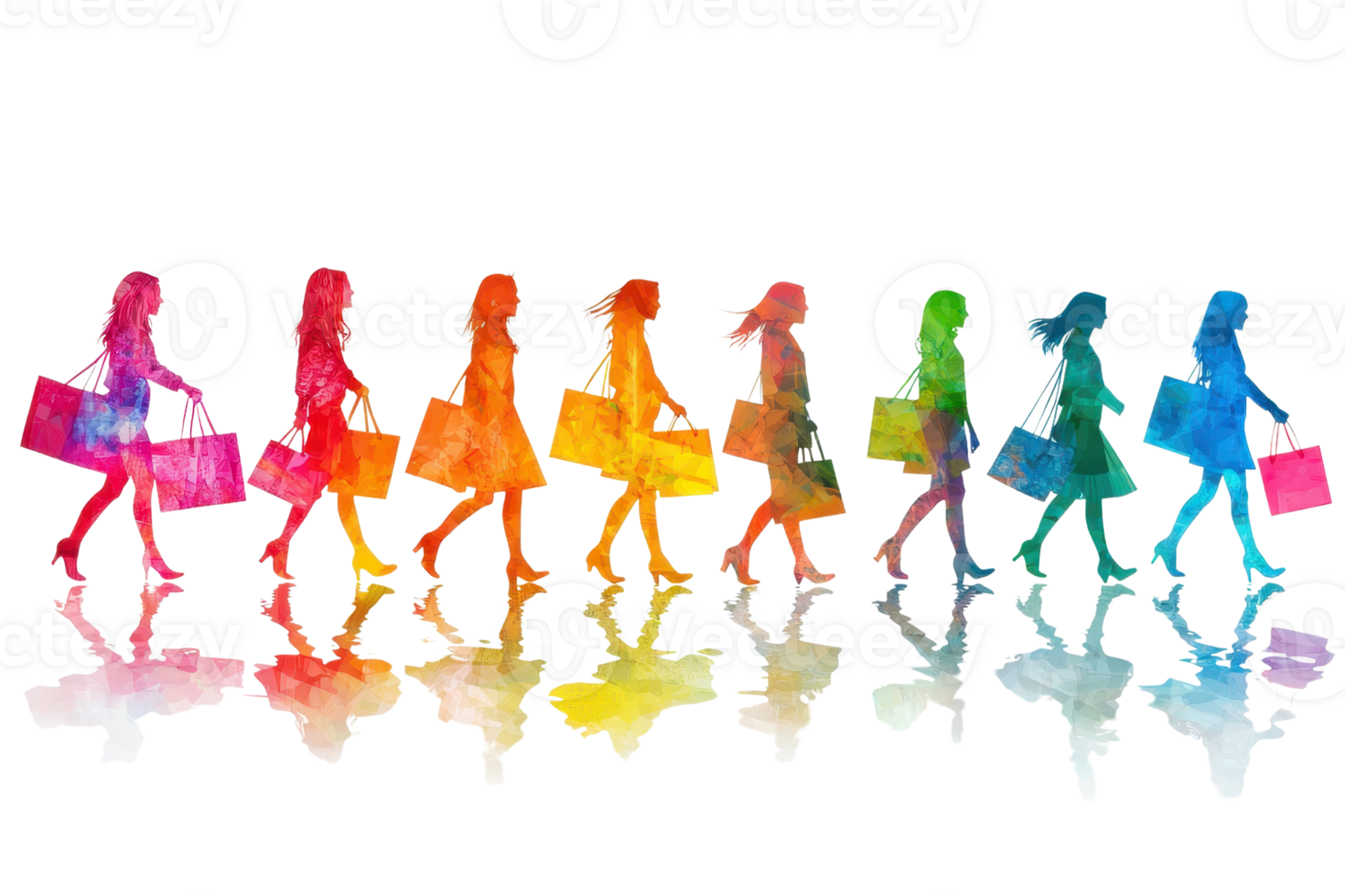 Colorful watercolor silhouettes of women shopping with reflections. Diverse rainbow hues symbolize unity, diversity, and vibrant urban lifestyle. png
