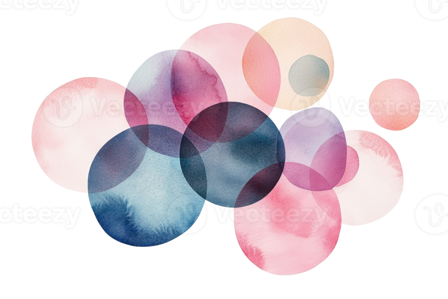 Colorful watercolor circles overlapping in an abstract artistic design with shades of pink, blue, and purple, creating a soft, dreamy effect. png