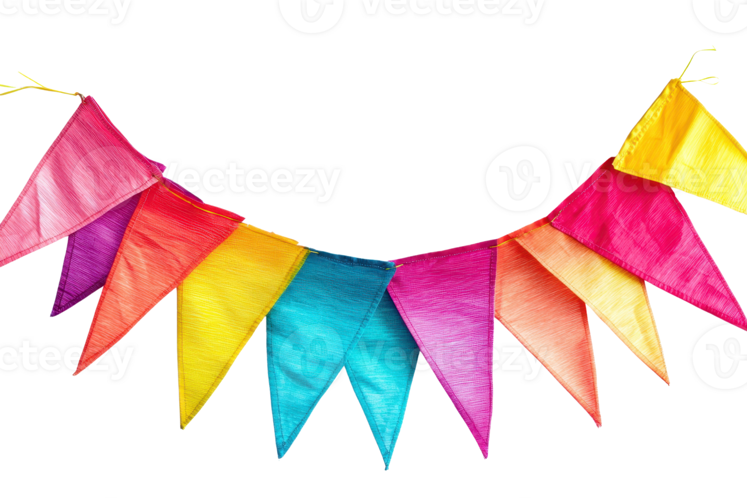 Colorful triangular party flags arranged in a festive pennant. Vibrant shades create a lively decoration for celebrations or events. png