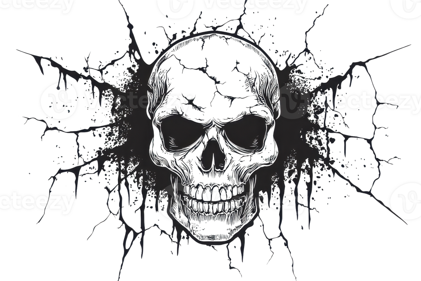 Dark grunge skull art with splatter effect, conveying edgy and bold aesthetic perfect for tattoo designs, posters, or alternative branding. png