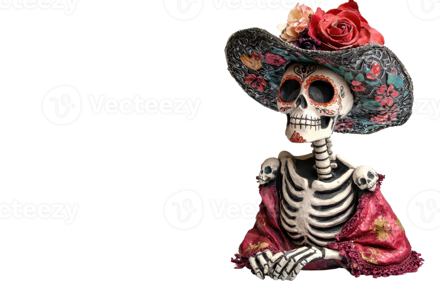 Decorative skeletal figure with a colorful hat and flowers representing Dia de los Muertos or Day of the Dead celebration. png