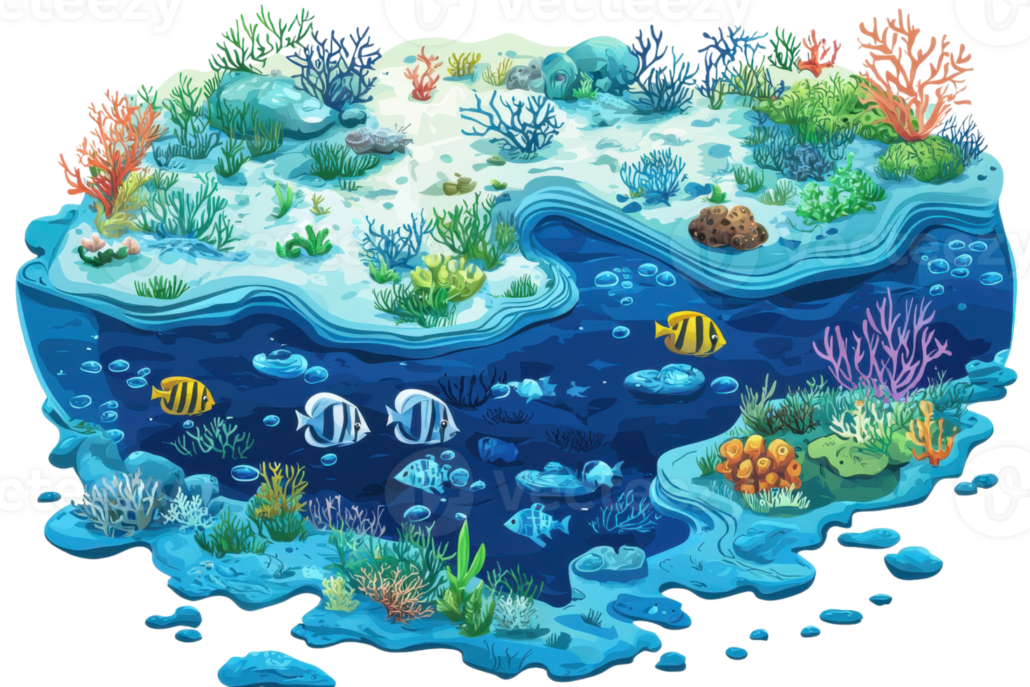 Colorful underwater coral reef scene with diverse fish, vibrant corals, and marine life creating a stunning ocean ecosystem illustration. png