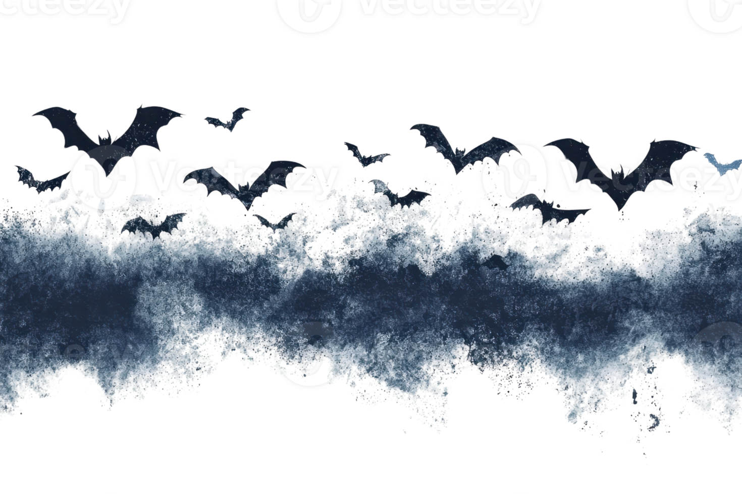 Dark and eerie night sky with bats flying above a smoky cloud. Perfect for Halloween-themed designs and spooky backgrounds. png