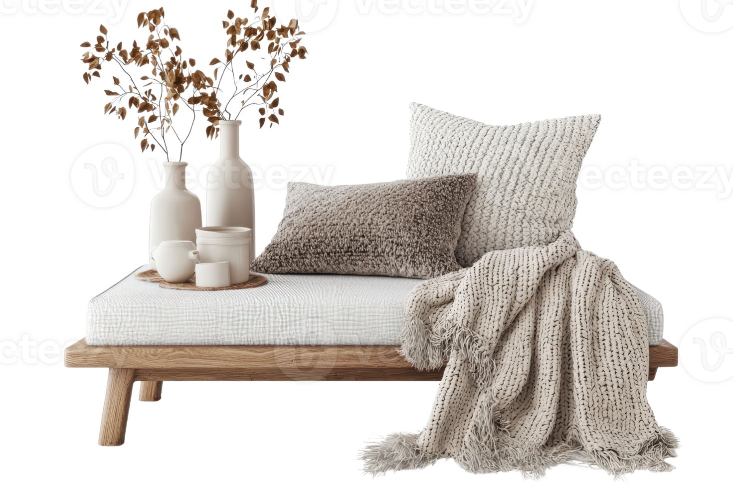 Cozy seating area with plush cushions and stylish decor, featuring neutral tones and elegant vases, perfect for modern interior design. png