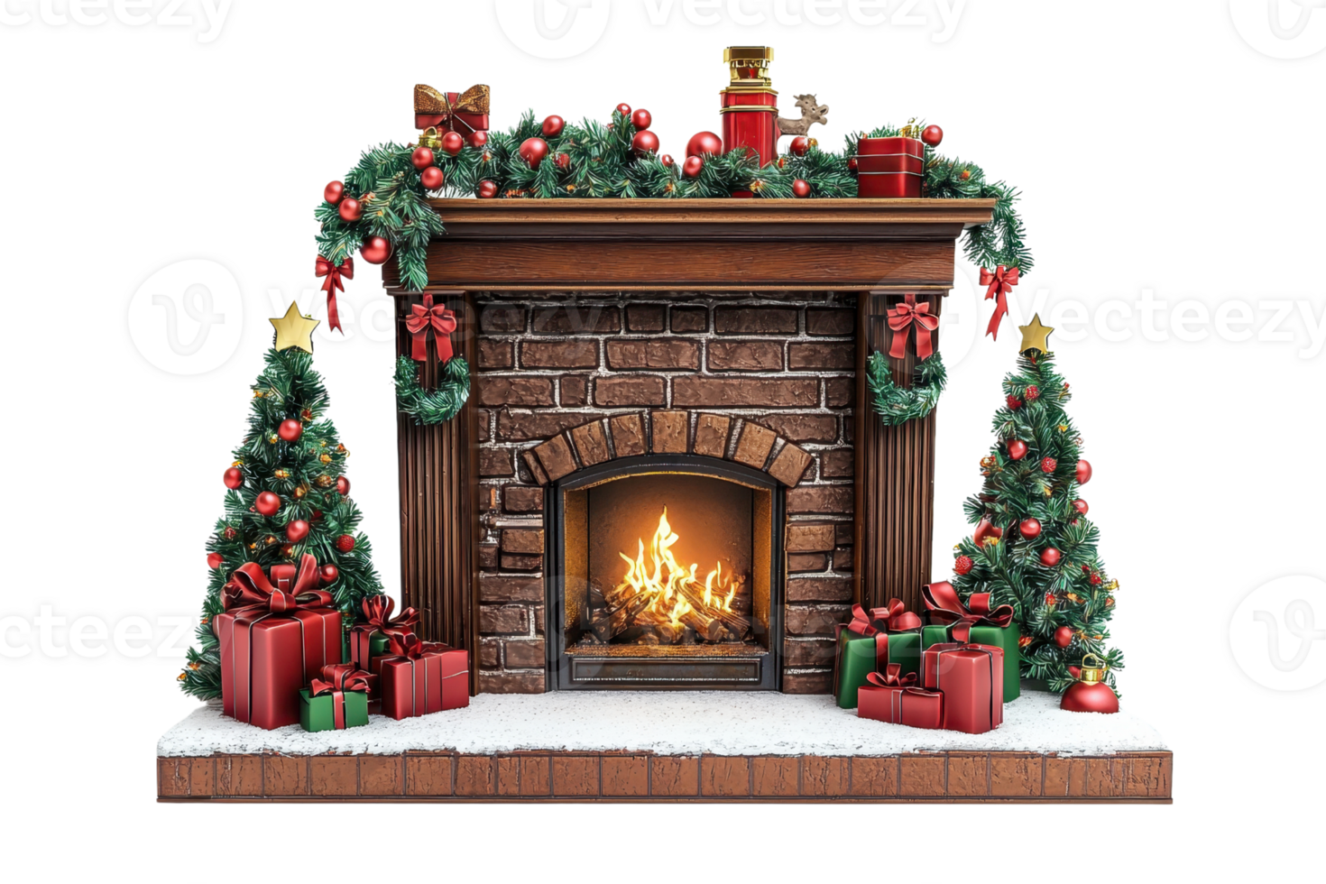 Cozy Christmas fireplace adorned with festive decorations, presents, and two Xmas trees, creating a warm holiday atmosphere. png