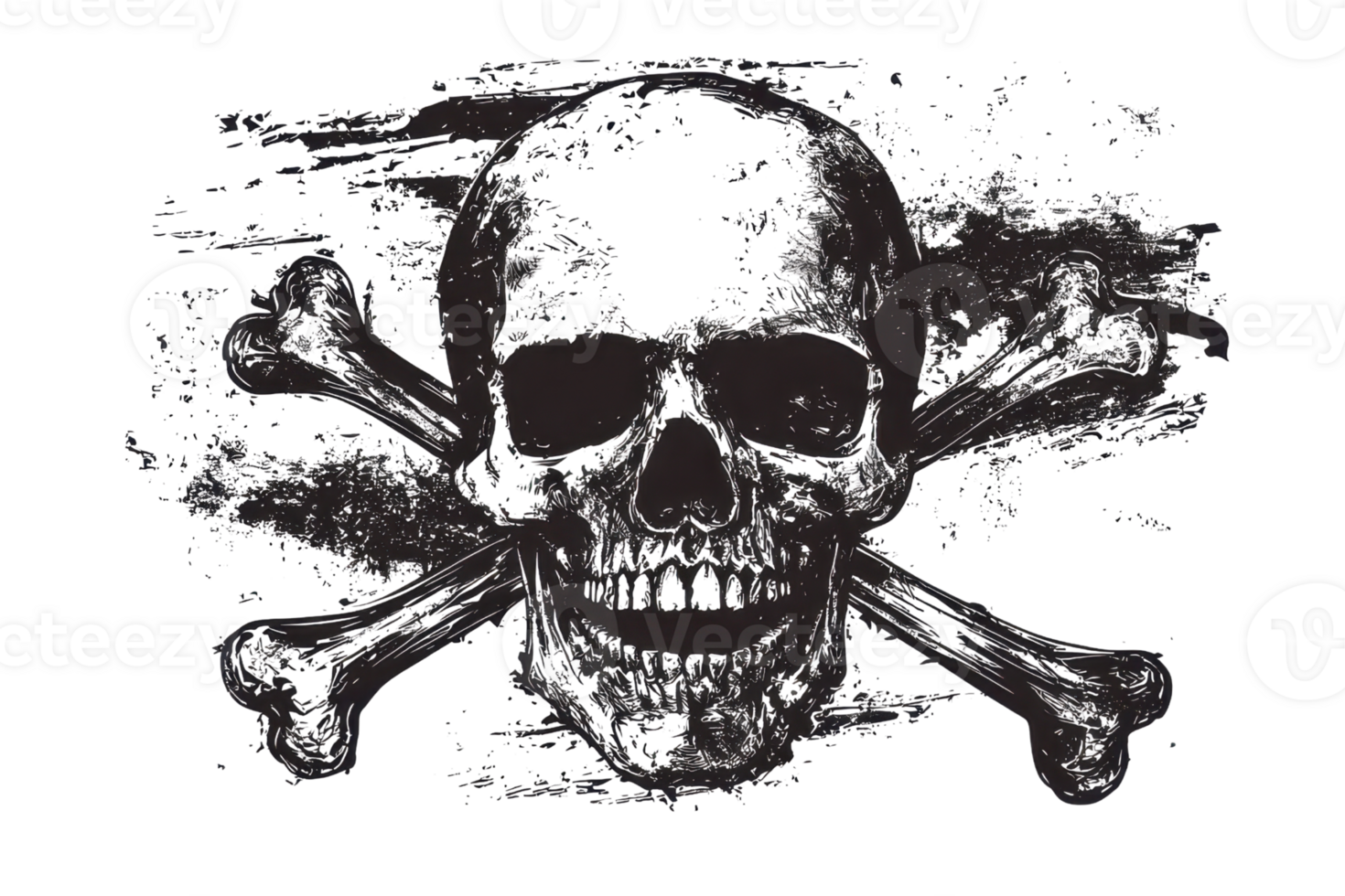 Dark grunge skull and crossbones silhouette on a textured background. Perfect for themes like piracy, danger, or alternative design projects. png