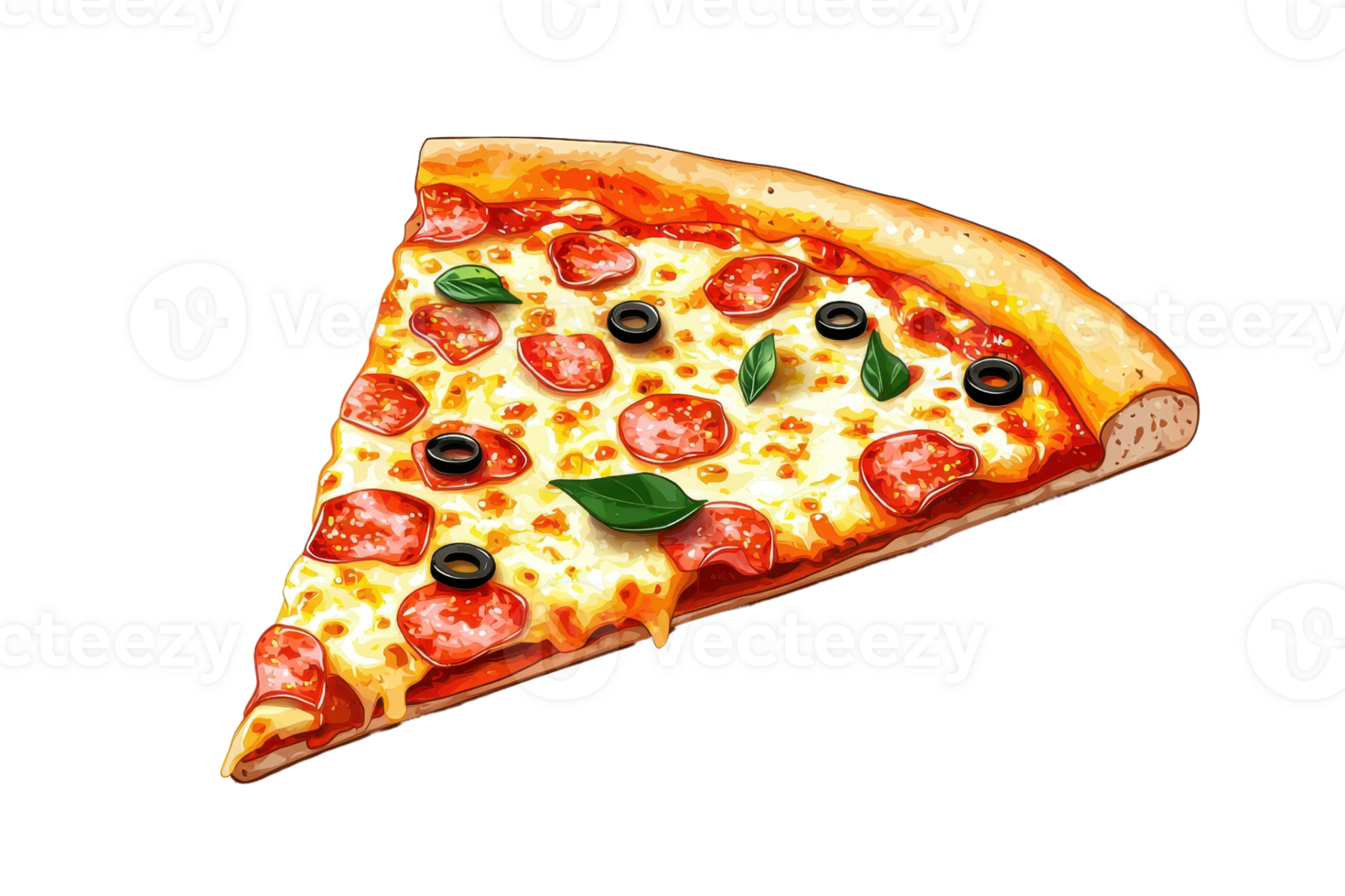Delicious slice of pizza topped with pepperoni, black olives, basil, and melted cheese. Perfect for Italian cuisine enthusiasts and food lovers. png