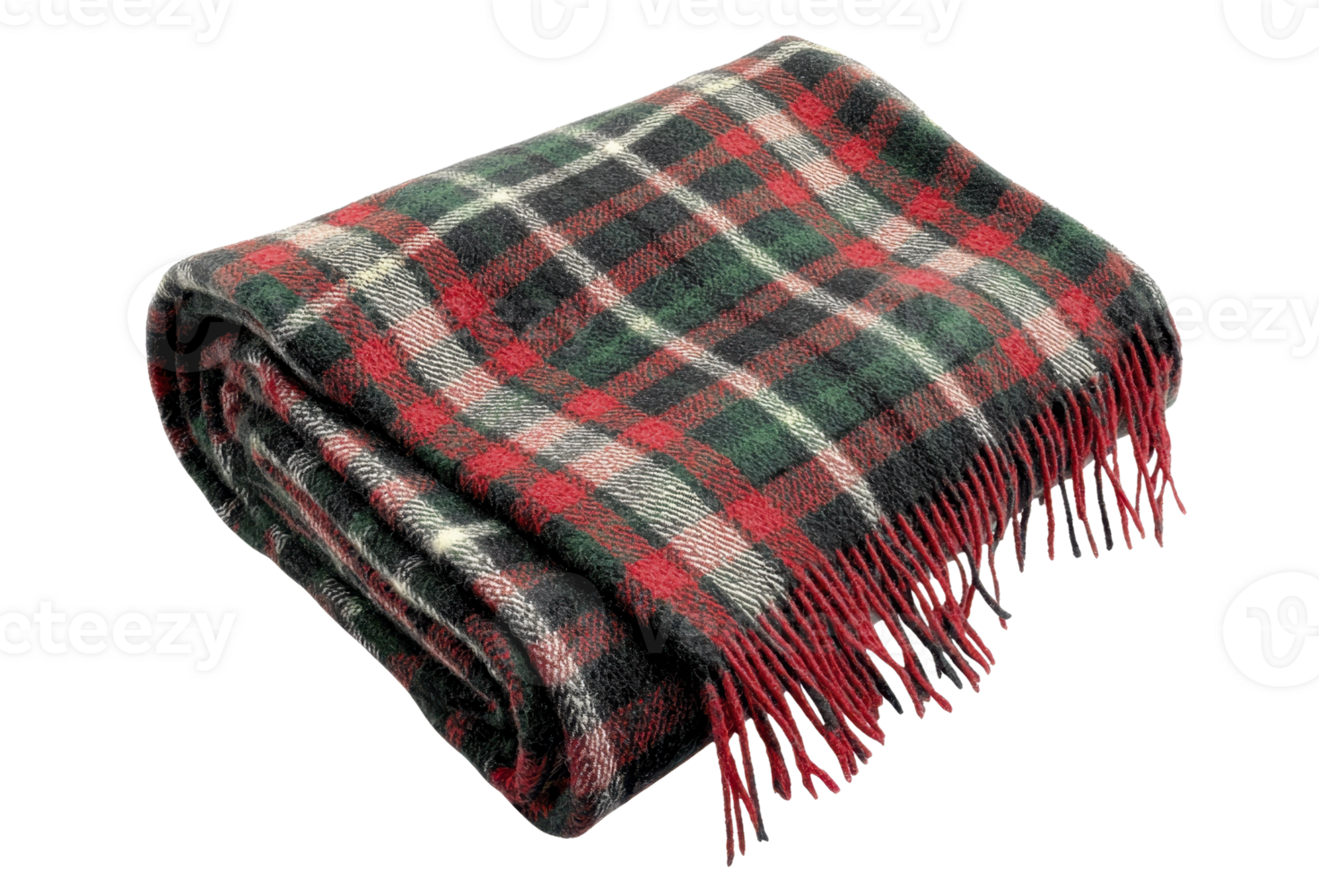 Cozy plaid blanket with vibrant red, green, and white checkered patterns. Perfect for adding warmth and style to any living space or bedroom. png