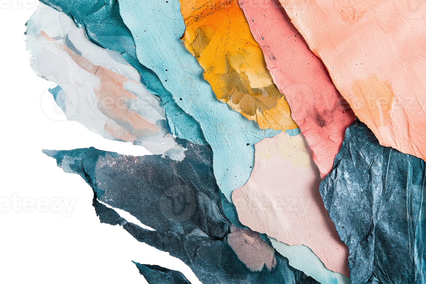 Colorful torn paper textures layered in an abstract, artistic composition showcasing vibrant hues and creative design. png