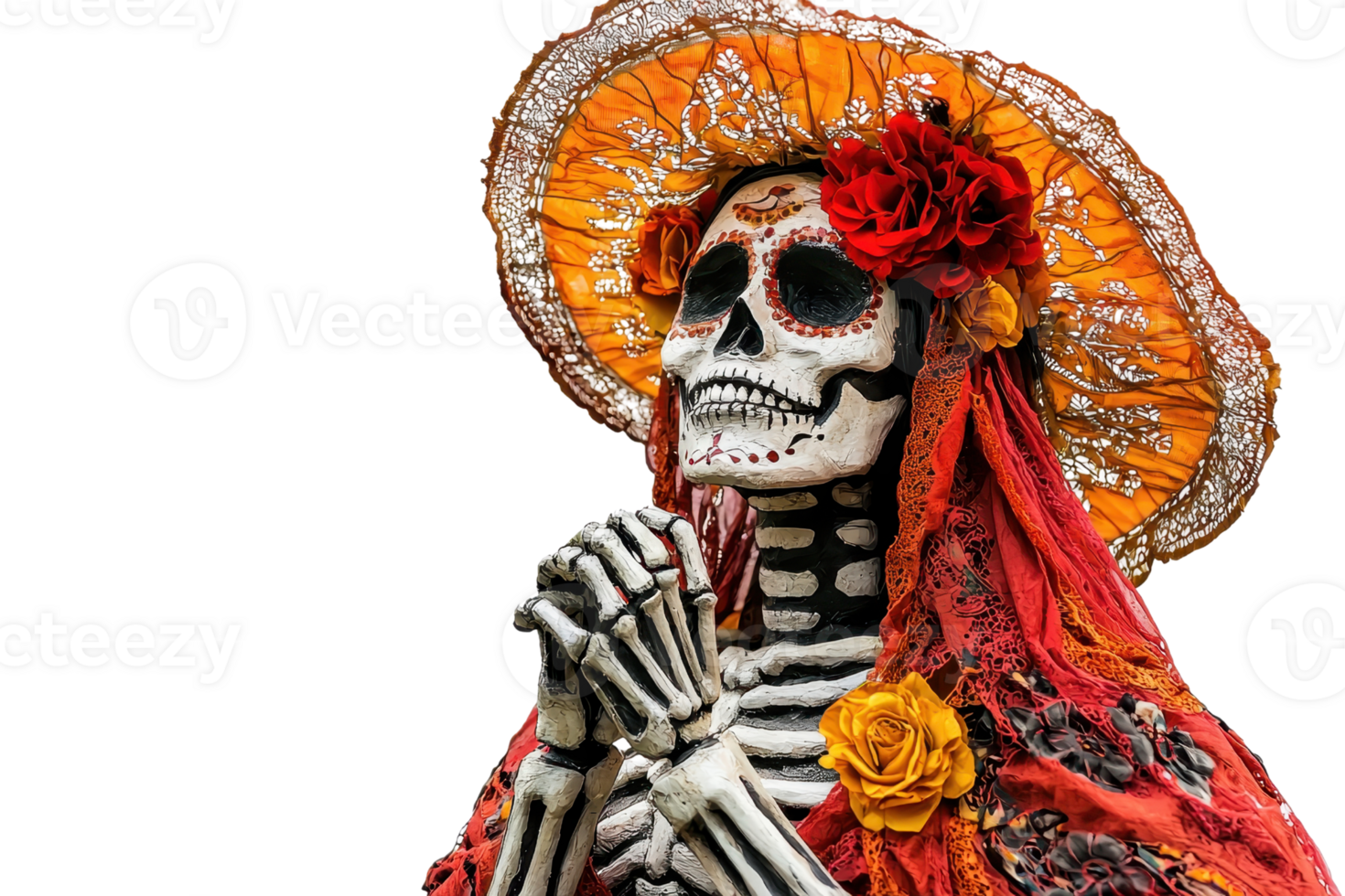 Day of the Dead celebration with a traditional Mexican skeleton wearing a colorful hat and flowers in a vibrant red dress. png