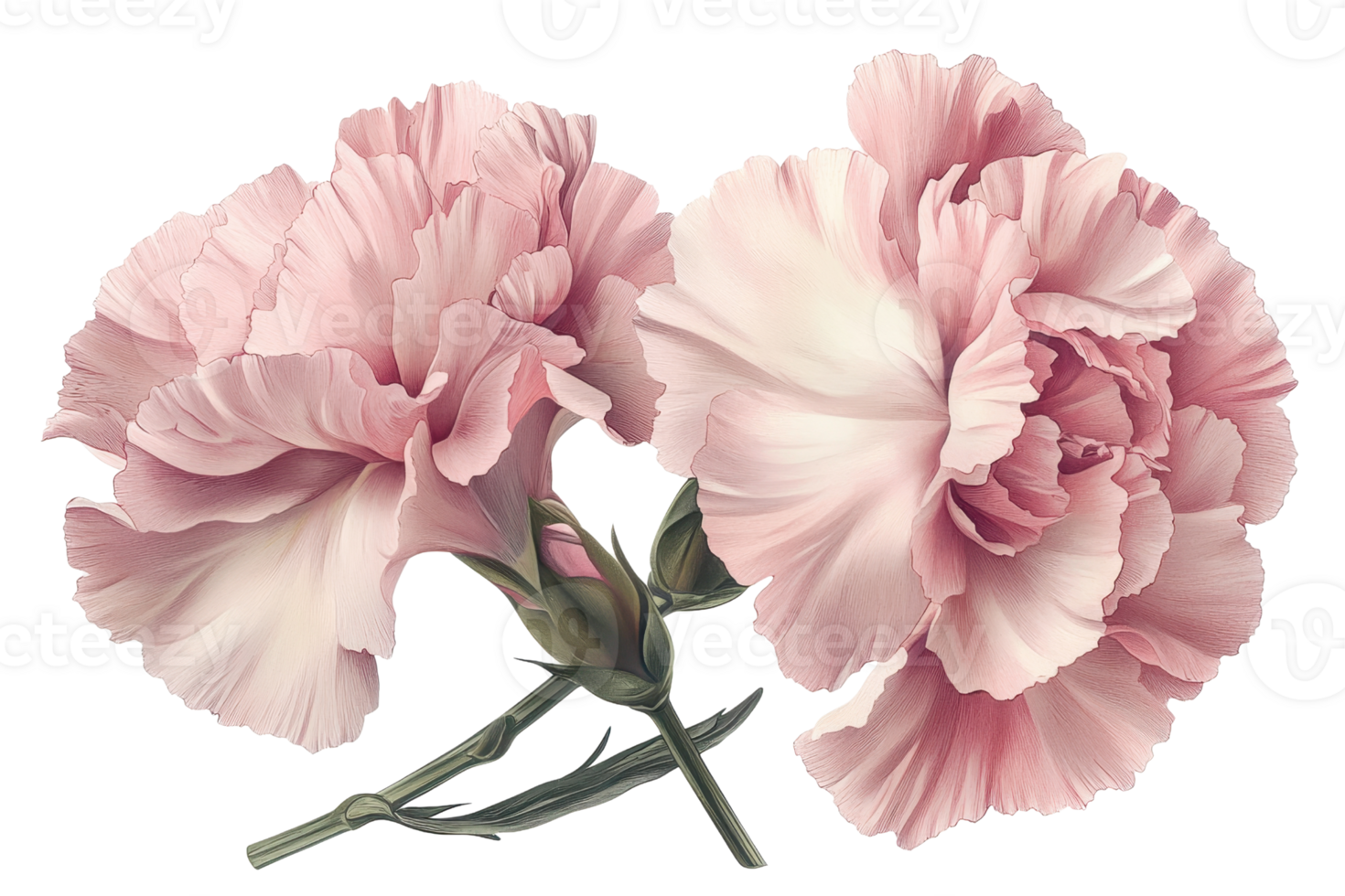 Delicate pink carnations with soft ruffled petals, showcasing natural beauty and elegance against a transparent background. png