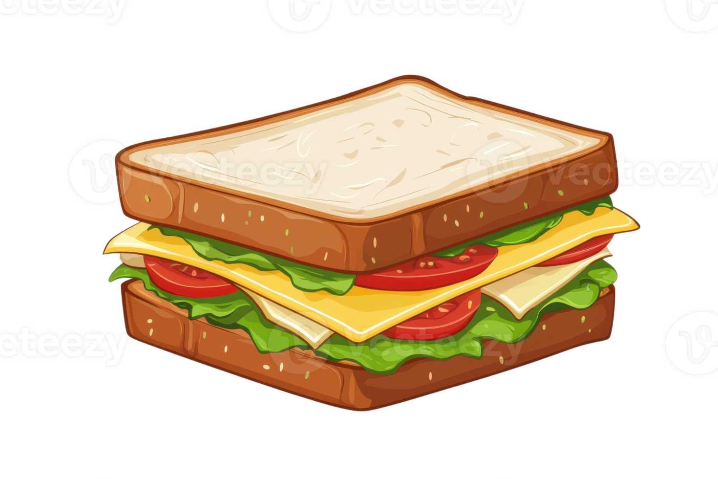 Delicious and colorful cartoon sandwich with layers of lettuce, cheese, and tomato, perfect for menus, food illustrations, and design projects. png