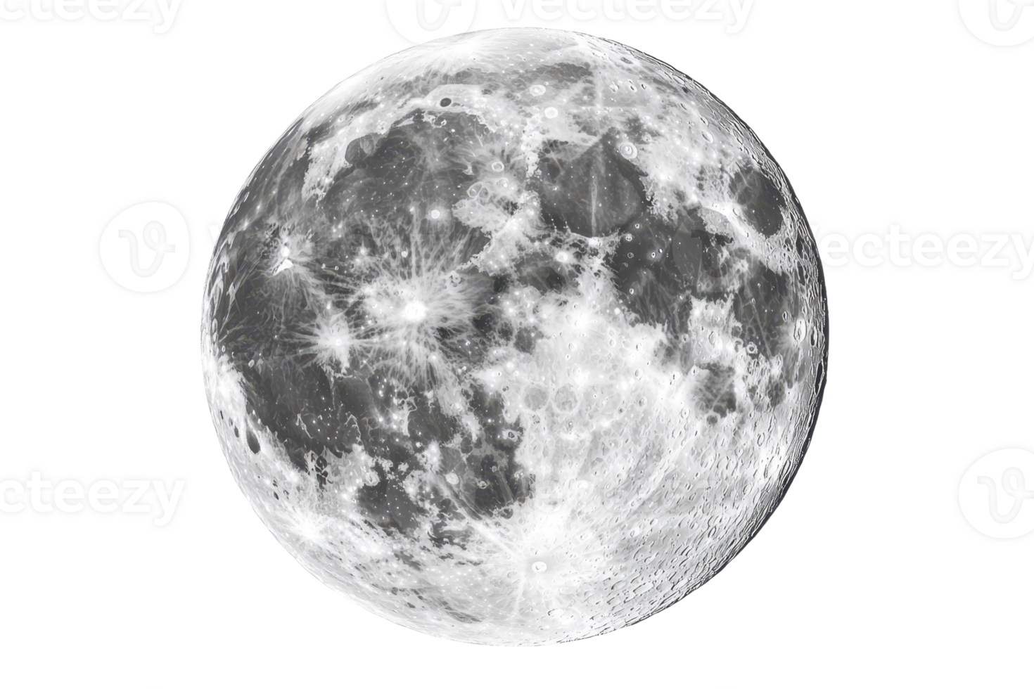 Detailed black and white image of the full moon, showcasing lunar craters and surface textures. Perfect for astronomy and science themes. png
