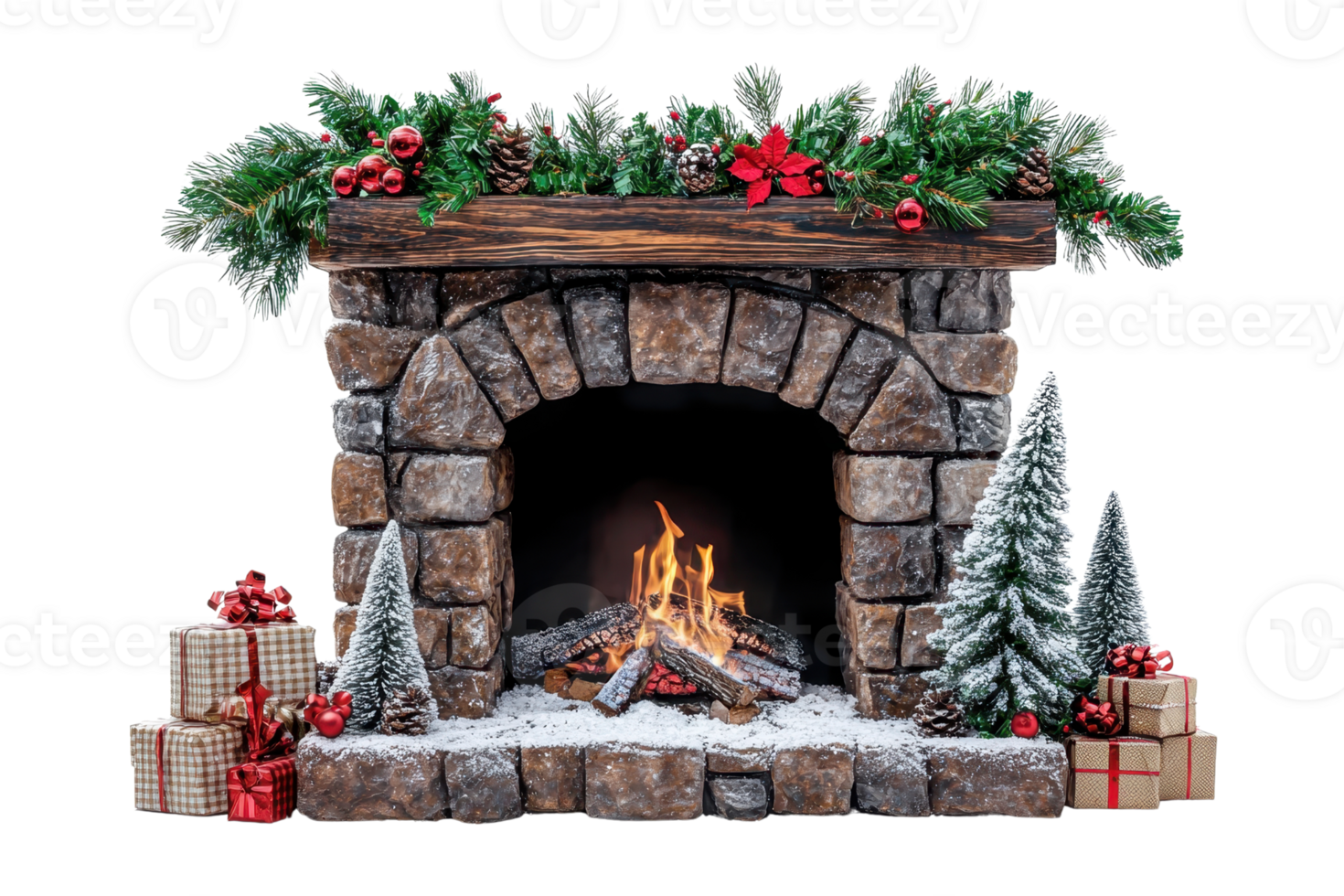 Cozy Christmas fireplace decorated with garlands and gifts, capturing the warmth and spirit of the holiday season. png