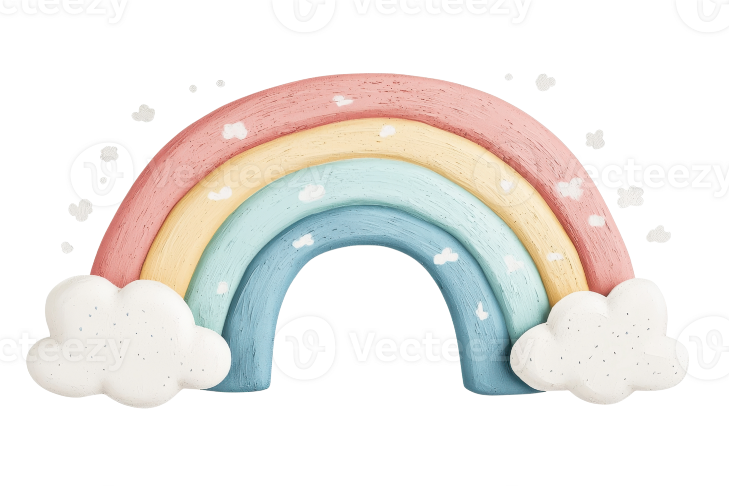 Cute pastel rainbow illustration with fluffy white clouds, perfect for nursery decor and adding a touch of whimsy to any setting. png