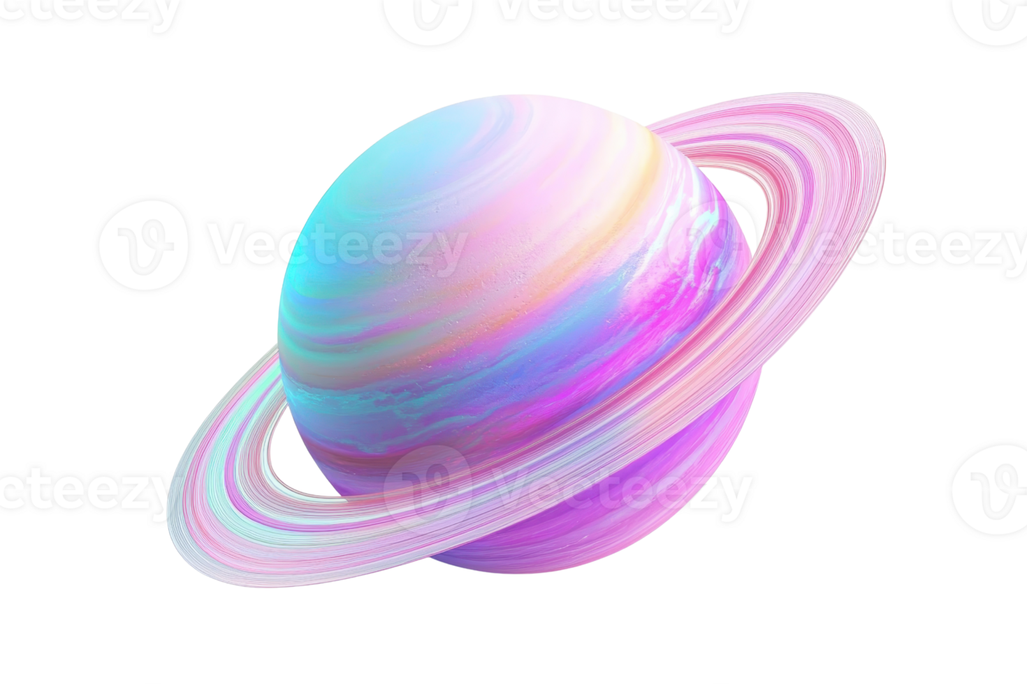 Digital pastel artwork of a planet with rings in a vibrant cosmic scene, showcasing soft colors and ethereal atmosphere against a white backdrop. png
