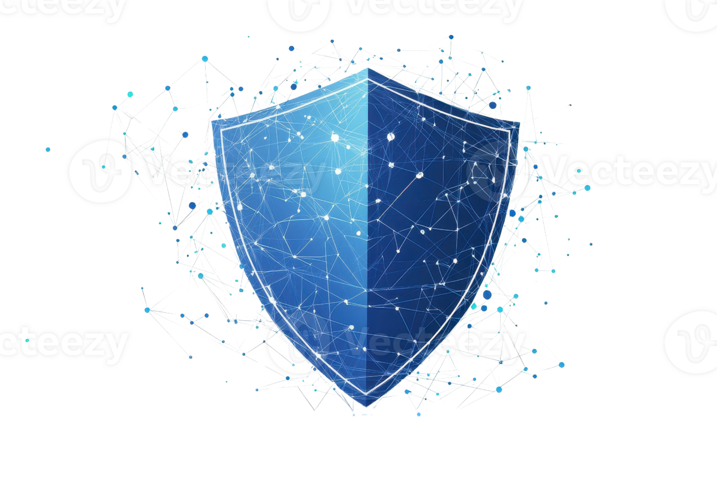 Digital shield with network connections, representing cybersecurity protection and data safety in a connected tech environment. png